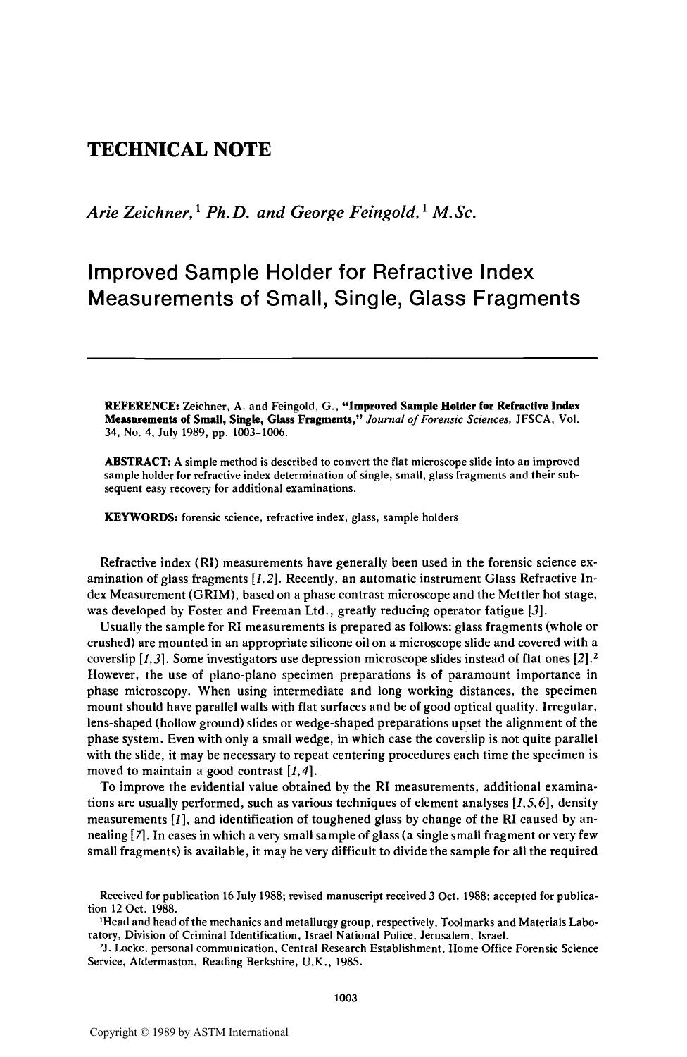 Improved Sample Holder for Refractive Index Measurements of Small, Single, Glass Fragments by Zeichner A Feingold G