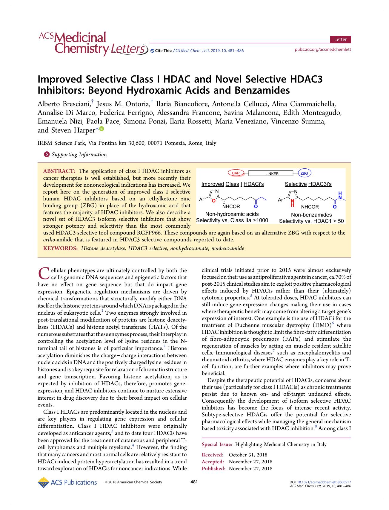 Improved Selective Class I HDAC and Novel Selective HDAC3 Inhibitors: Beyond Hydroxamic Acids and Benzamides by unknow