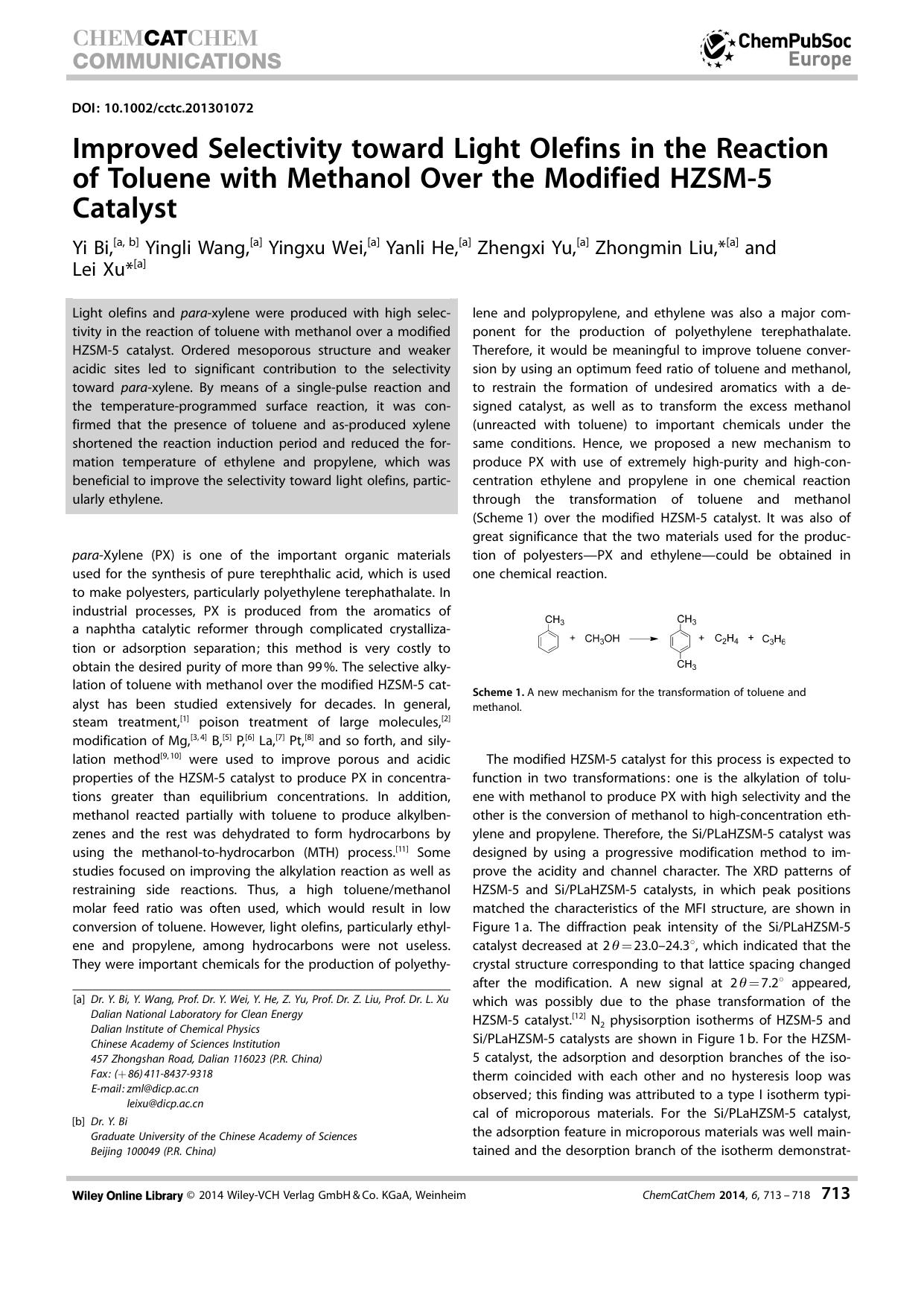 Improved Selectivity toward Light Olefins in the Reaction of Toluene with Methanol Over the Modified HZSM5 Catalyst by Unknown