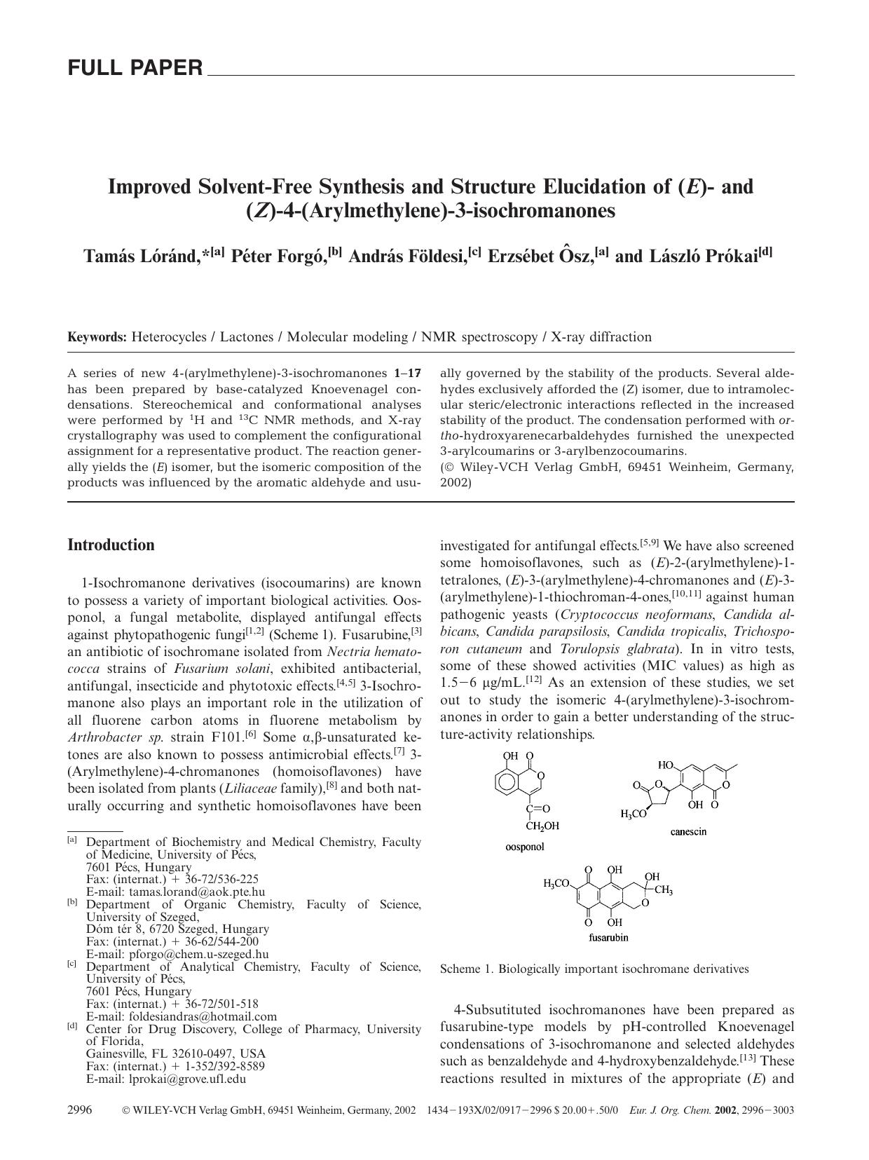 Improved Solvent-Free Synthesis and Structure Elucidation of (E)- and (Z)-4-(Arylmethylene)-3-isochromanones by Unknown