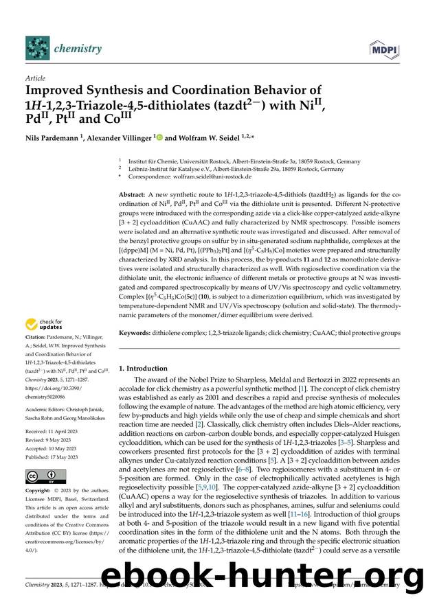 Improved Synthesis and Coordination Behavior of 1H-1,2,3-Triazole-4,5-dithiolates (tazdt2-) with NiII,PdII, PtII and CoIII by Nils Pardemann Alexander Villinger & Wolfram W. Seidel