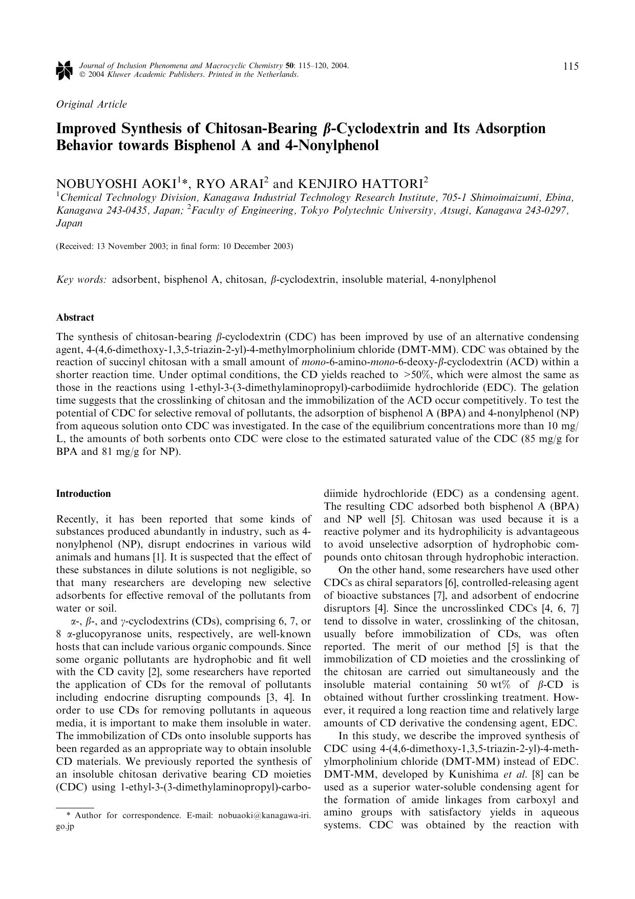 Improved Synthesis of Chitosan -Bearing boldbeta-Cyclodextrin and Its Adsorption Behavior towards Bisphenol A and 4-Nonylphenol by Unknown