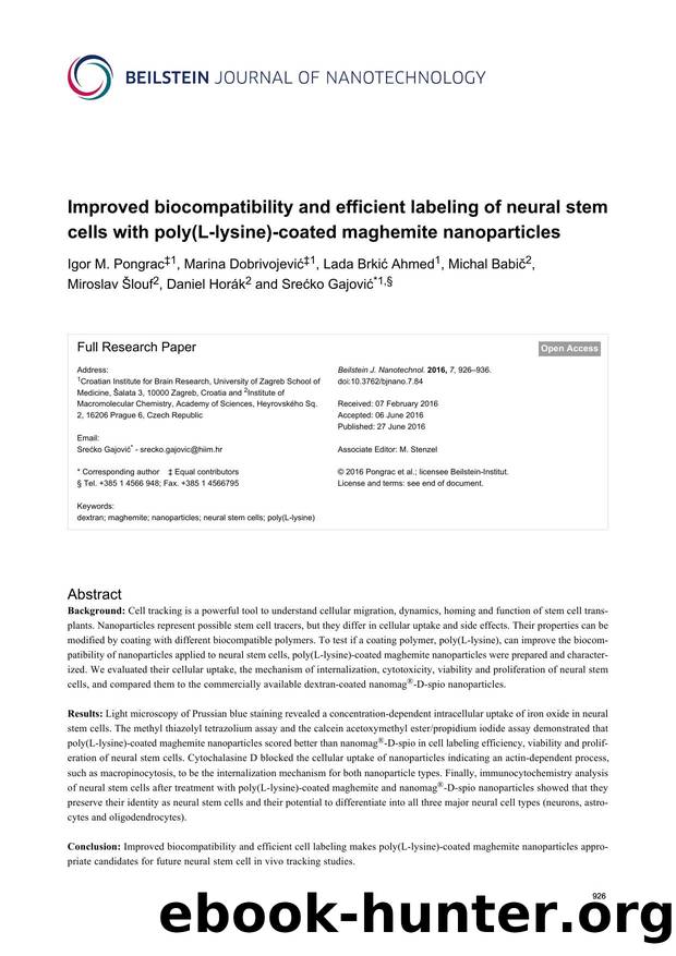 Improved biocompatibility and efficient labeling of neural stem cells with poly(L-lysine)-coated maghemite nanoparticles by unknow