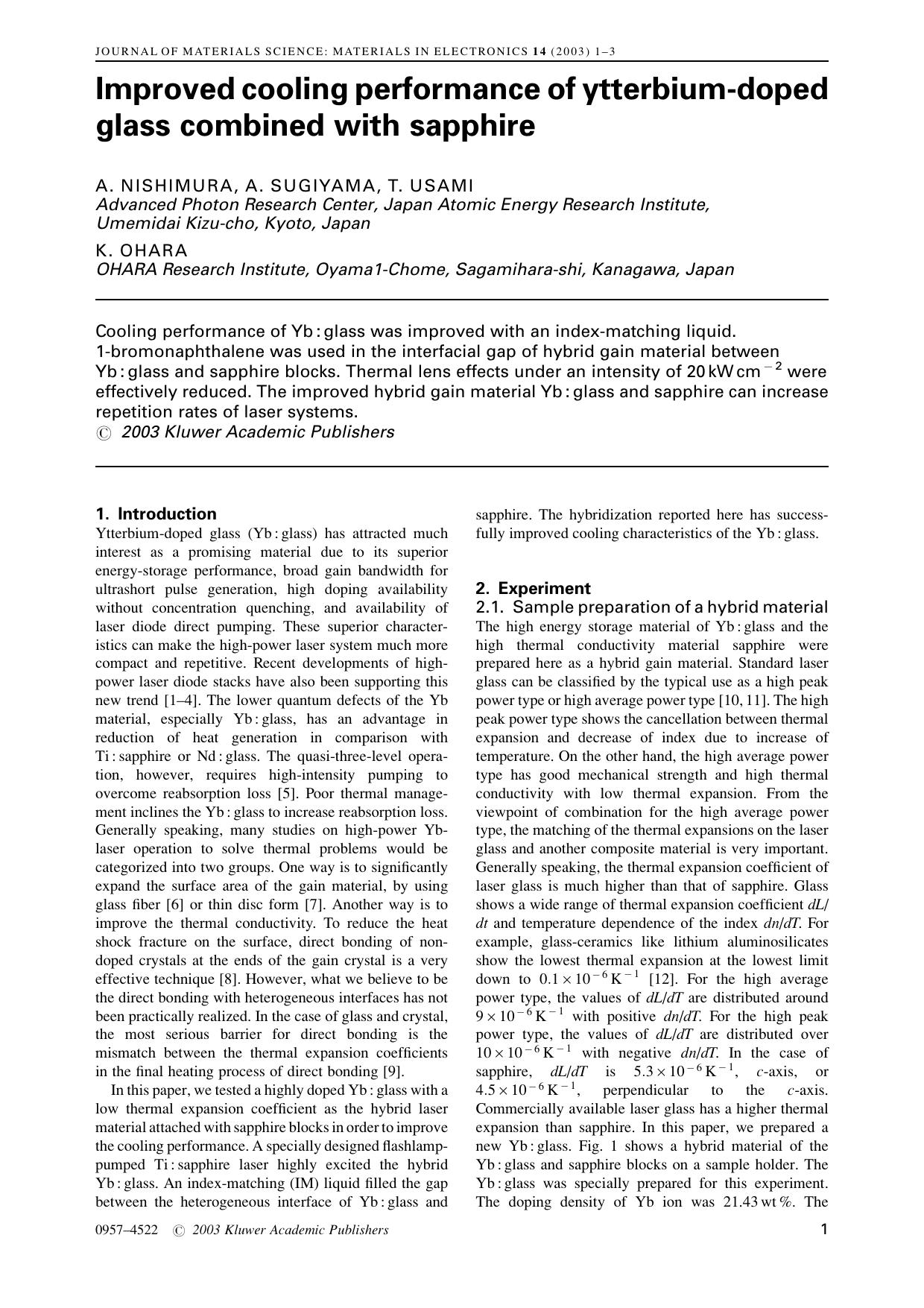 Improved cooling performance of ytterbium-doped glass combined with sapphire by Unknown