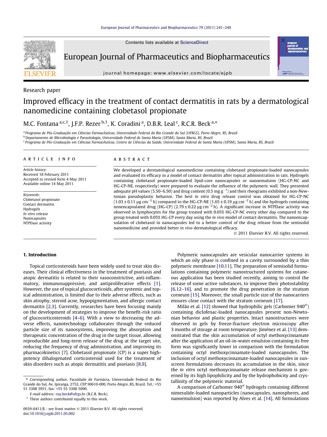 Improved efficacy in the treatment of contact dermatitis in rats by a dermatological nanomedicine containing clobetasol propionate by M.C. Fontana & J.F.P. Rezer & K. Coradini & D.B.R. Leal & R.C.R. Beck