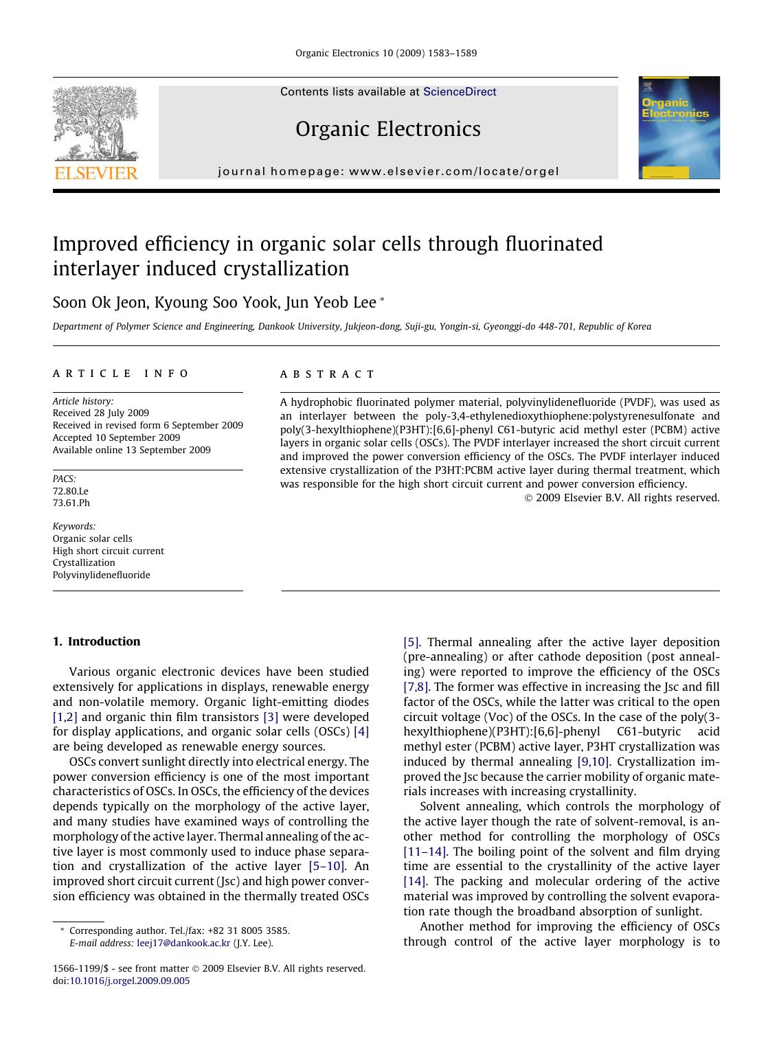 Improved efficiency in organic solar cells through fluorinated interlayer induced crystallization by Soon Ok Jeon; Kyoung Soo Yook; Jun Yeob Lee
