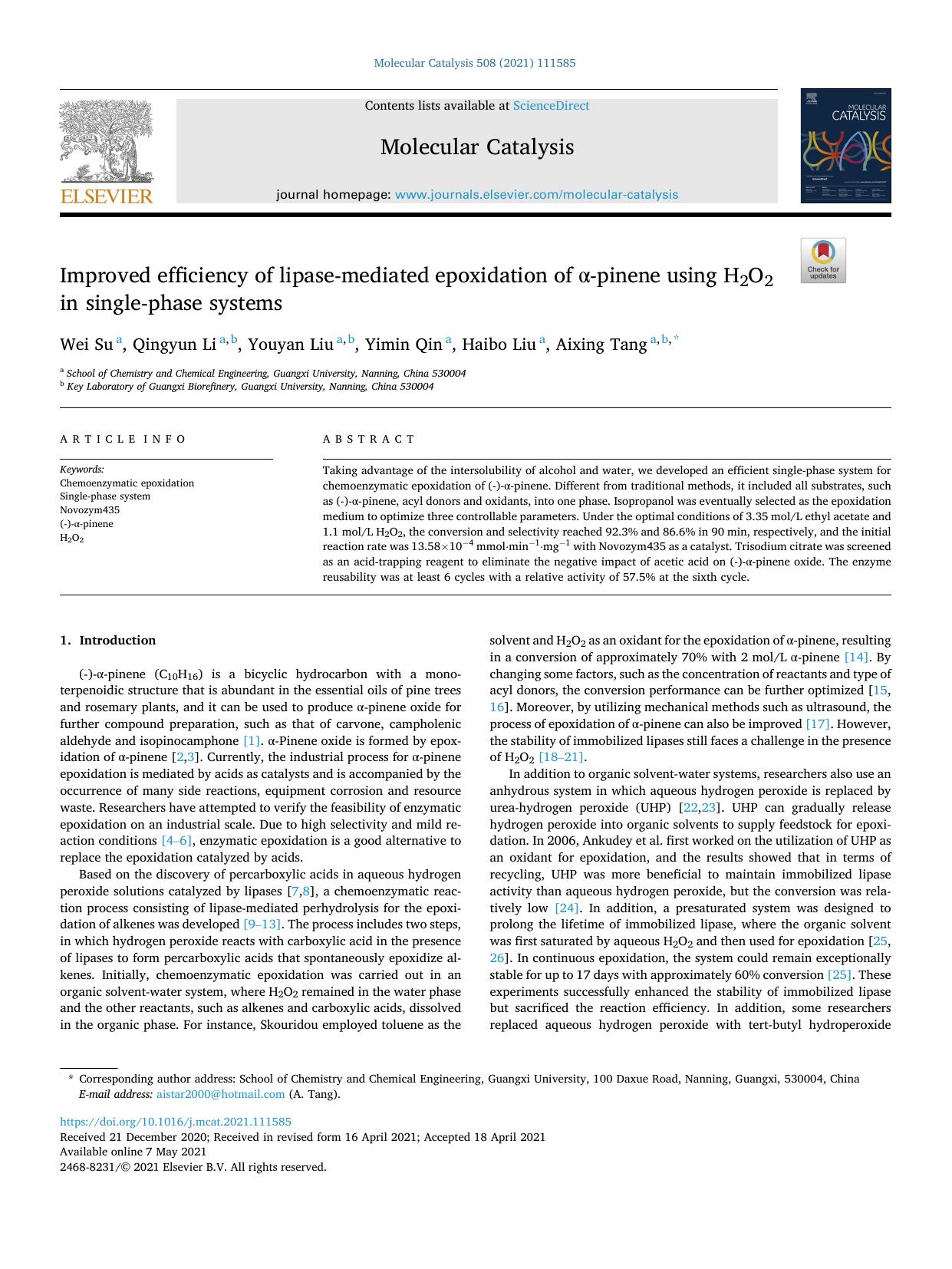 Improved efficiency of lipase-mediated epoxidation of Î±-pinene using H2O2 in single-phase systems by Wei Su & Qingyun Li & Youyan Liu & Yimin Qin & Haibo Liu & Aixing Tang