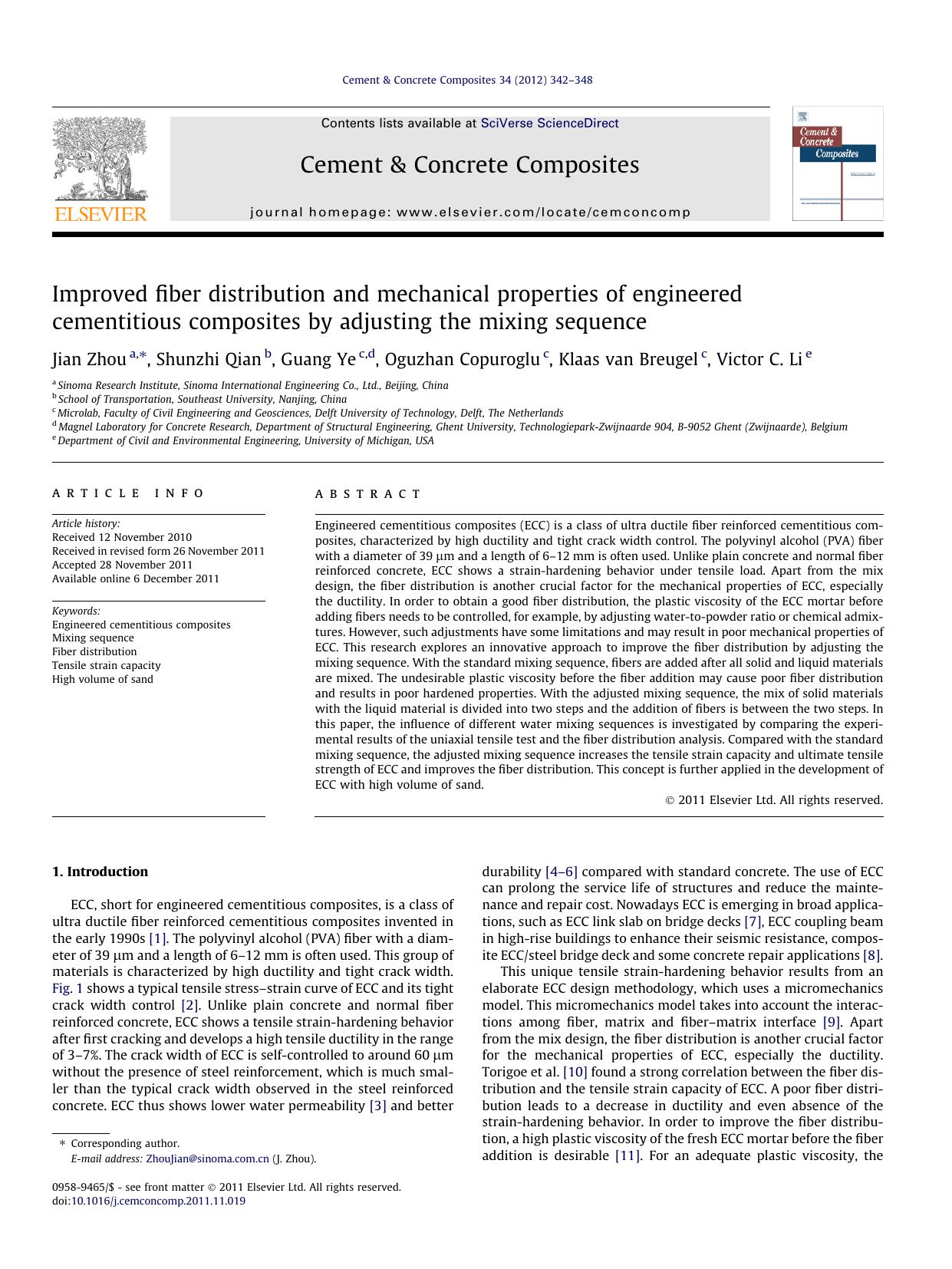 Improved fiber distribution and mechanical properties of engineered cementitious composites by adjusting the mixing sequence by Jian Zhou & Shunzhi Qian & Guang Ye & Oguzhan Copuroglu & Klaas van Breugel & Victor C. Li