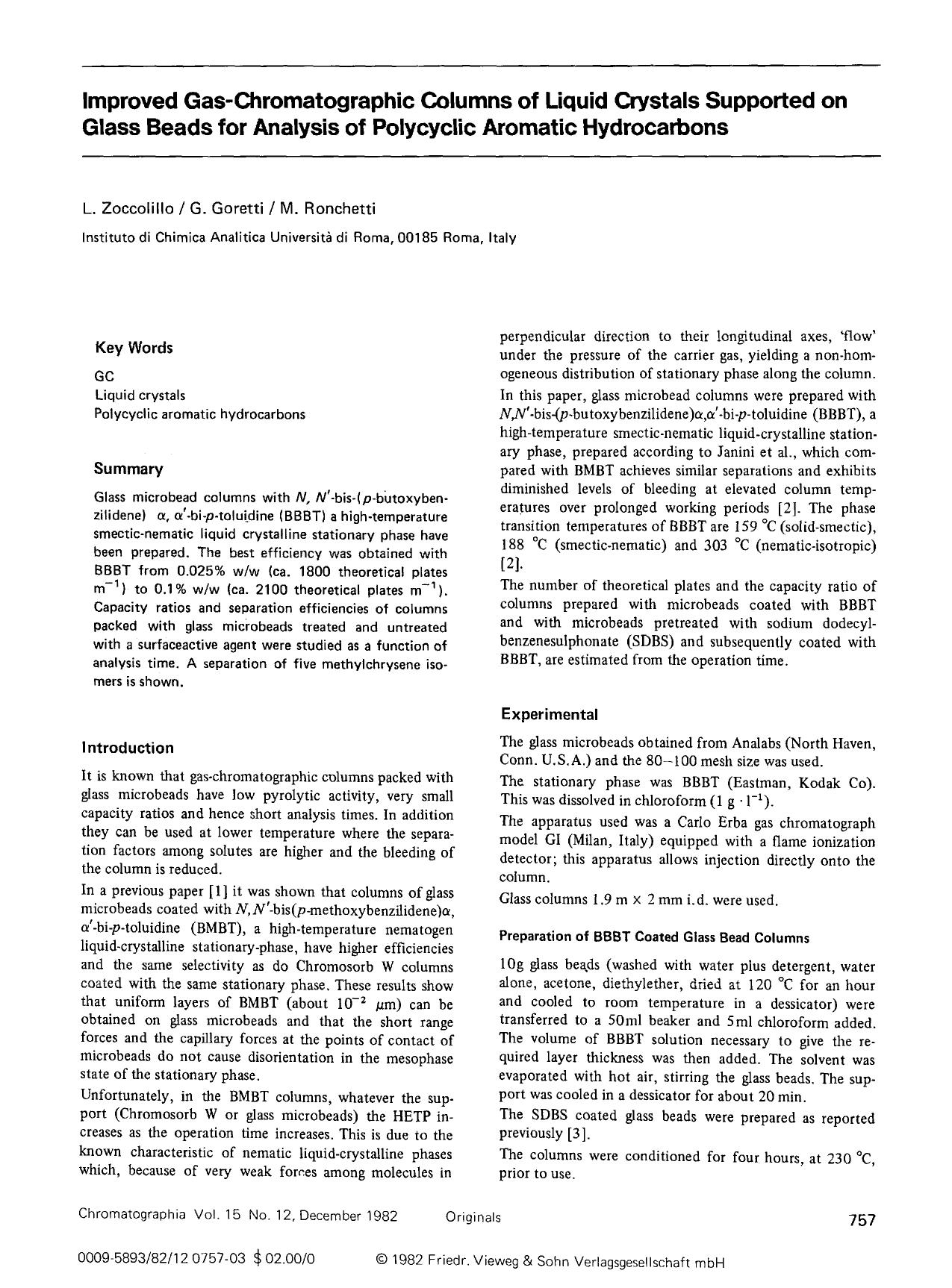 Improved gas-chromatographic columns of liquid crystals supported on glass beads for analysis of polycyclic aromatic hydrocarbons by Unknown