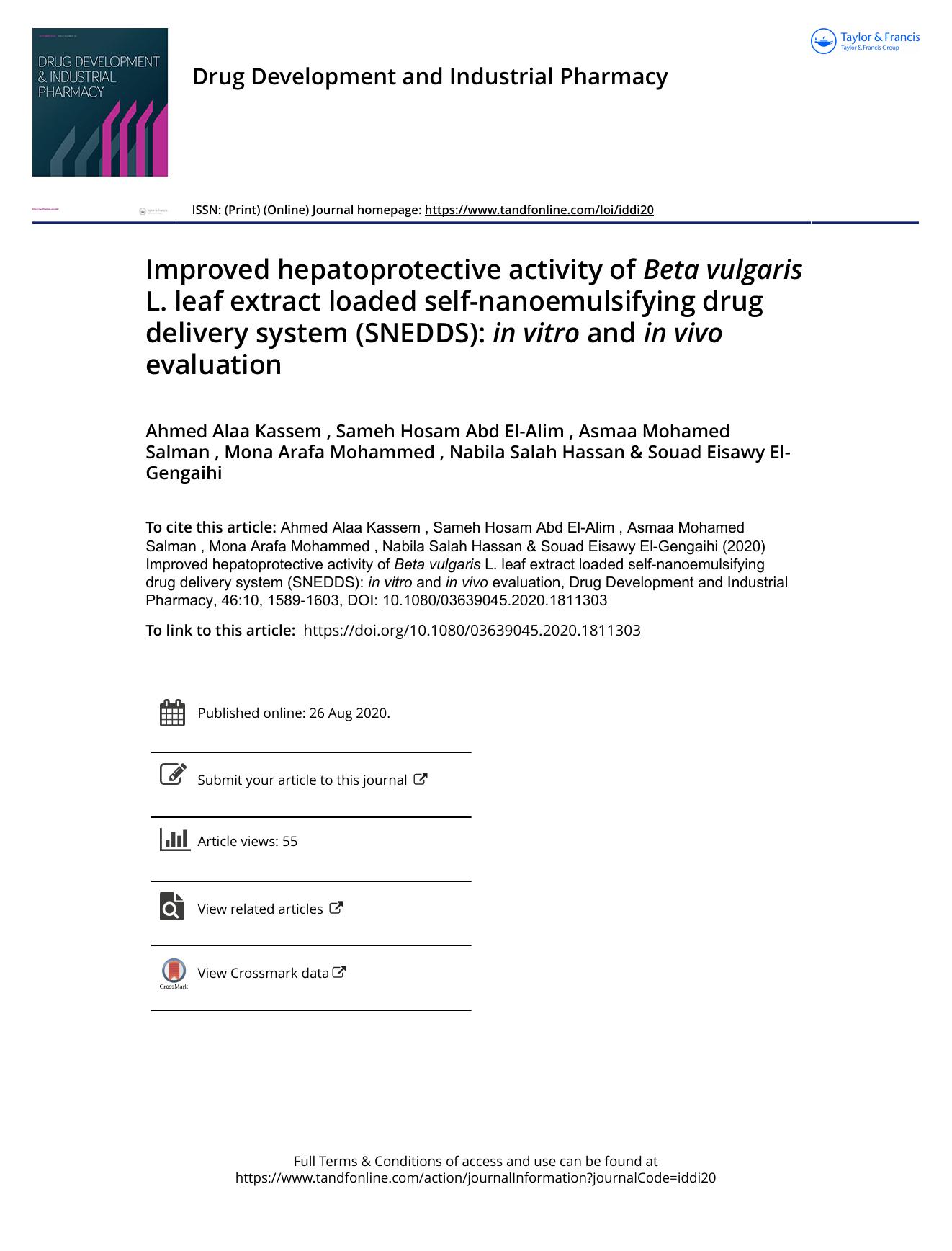 Improved hepatoprotective activity of Beta vulgaris L. leaf extract loaded self-nanoemulsifying drug delivery system (SNEDDS): inÂ vitro and inÂ vivo evaluation by unknow