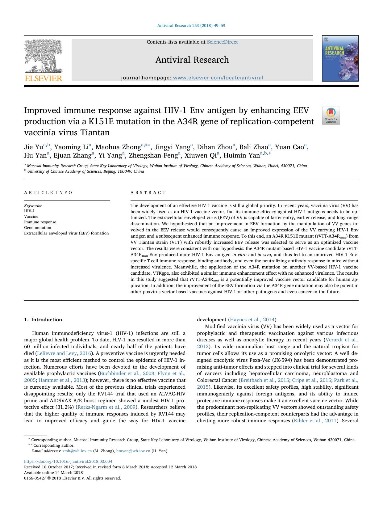 Improved immune response against HIV-1 Env antigen by enhancing EEV production via a K151E mutation in the A34R gene of replication-competent vaccinia virus Tiantan by unknow