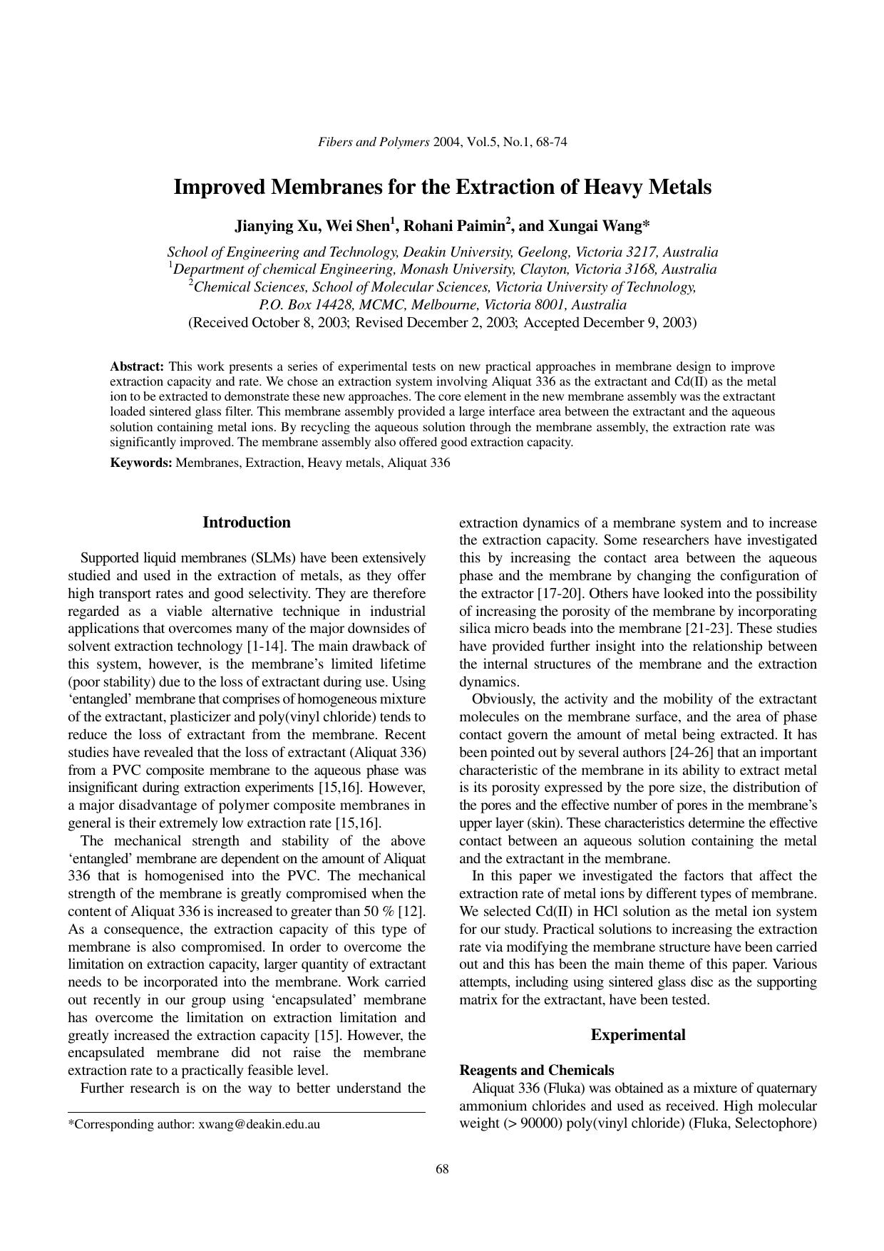 Improved membranes for the extraction of heavy metals by Unknown