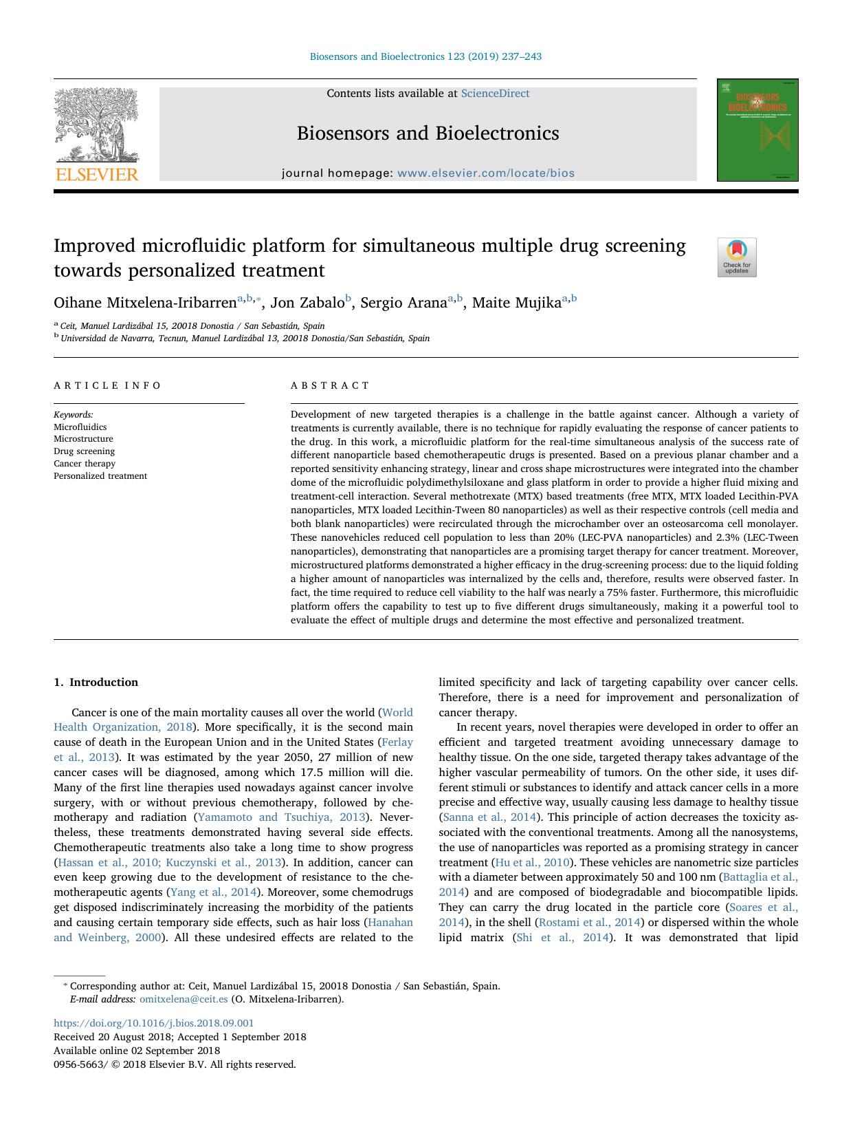 Improved microfluidic platform for simultaneous multiple drug screening towards personalized treatment by Oihane Mitxelena-Iribarren & Jon Zabalo & Sergio Arana & Maite Mujika