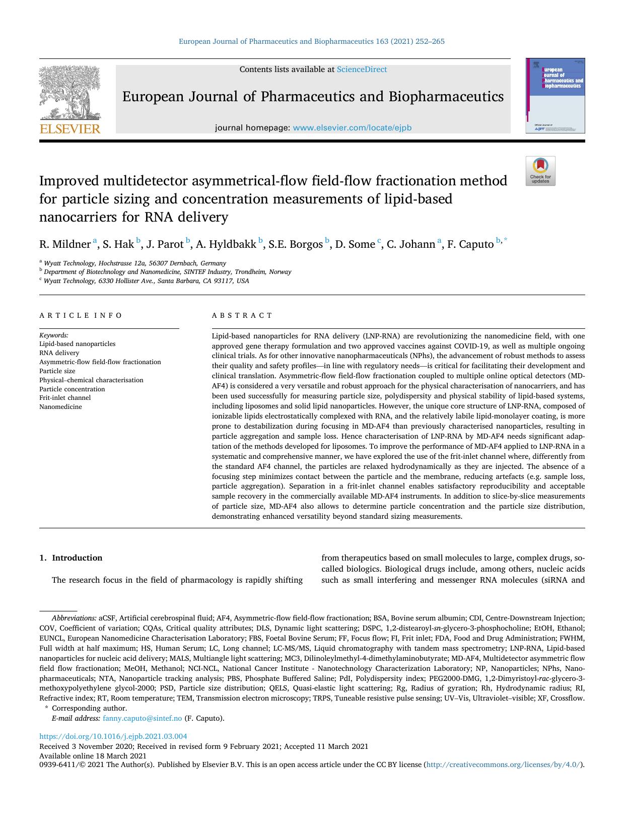 Improved multidetector asymmetrical-flow field-flow fractionation method for particle sizing and concentration measurements of lipid-based nanocarriers for RNA delivery by R. Mildner & S. Hak & J. Parot & A. Hyldbakk & S.E. Borgos & D. Some & C. Johann & F. Caputo