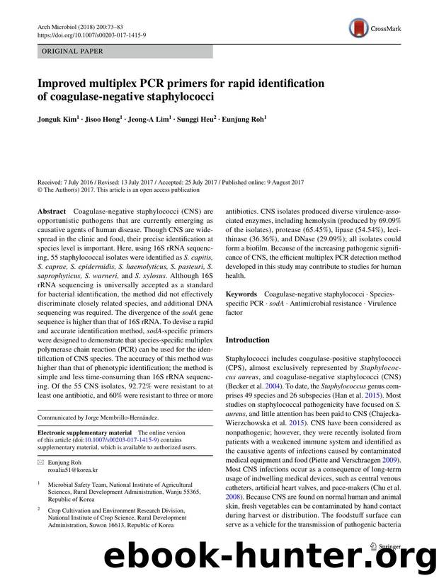 Improved multiplex PCR primers for rapid identification of coagulase-negative staphylococci by Jonguk Kim & Jisoo Hong & Jeong-A Lim & Sunggi Heu & Eunjung Roh