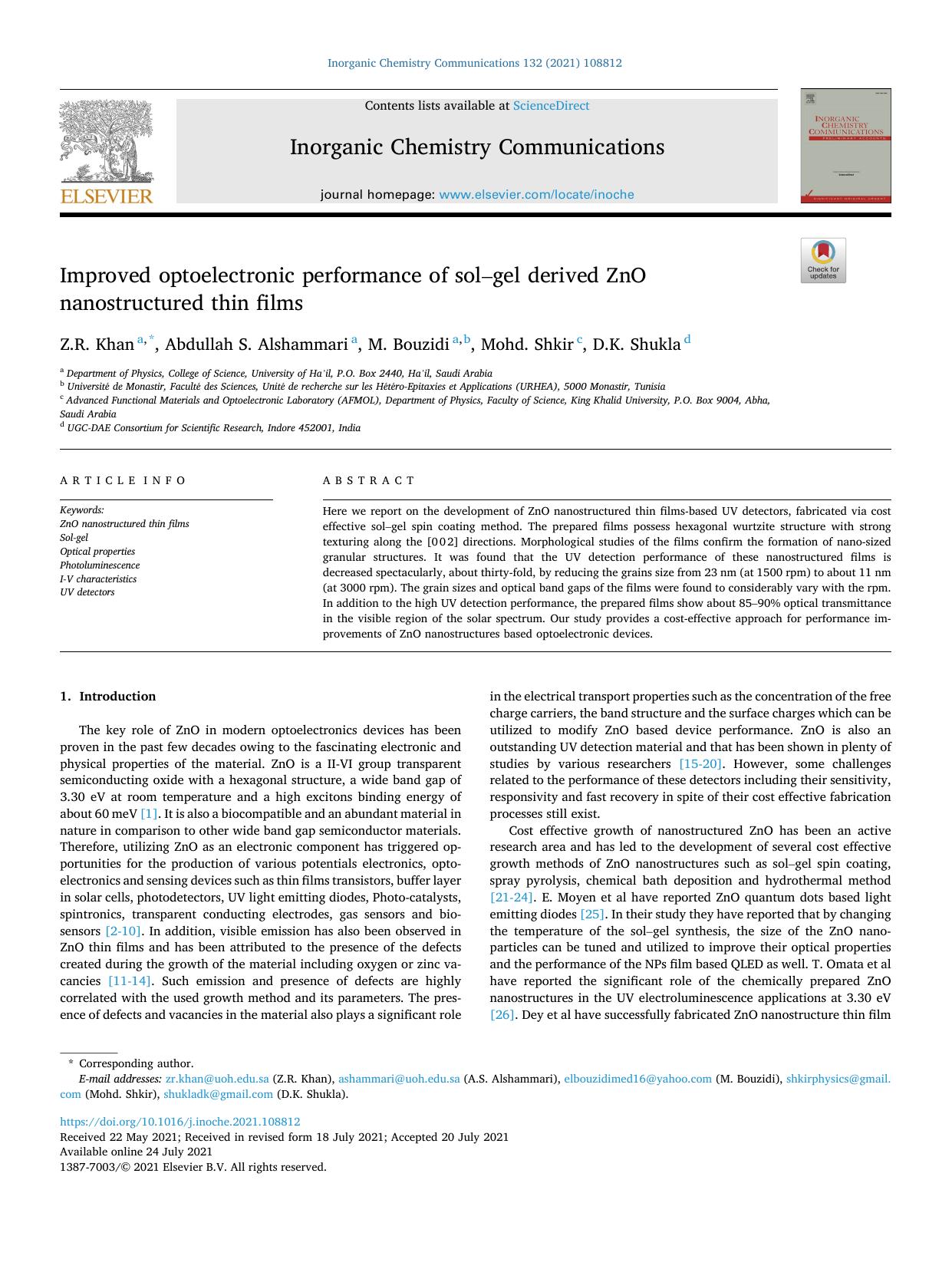 Improved optoelectronic performance of solâgel derived ZnO nanostructured thin films by Z.R. Khan