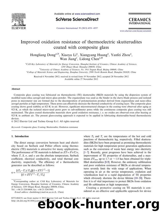 Improved oxidation resistance of thermoelectric skutterudites coated with composite glass by Hongliang Dong & Xiaoya Li & Xiangyang Huang & Yanfei Zhou & Wan Jiang & Lidong Chen