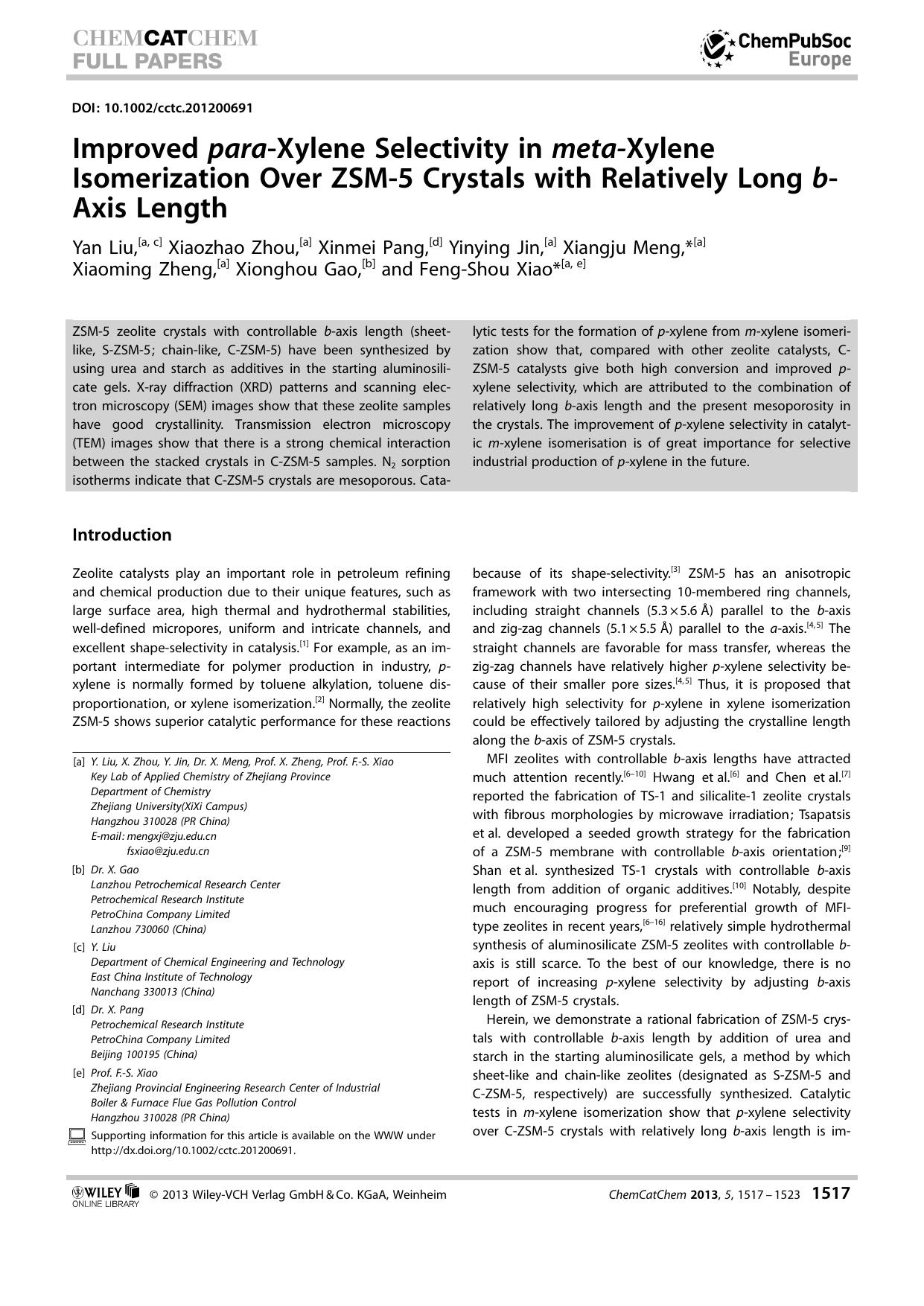 Improved paraXylene Selectivity in metaXylene Isomerization Over ZSM5 Crystals with Relatively Long bAxis Length by Unknown