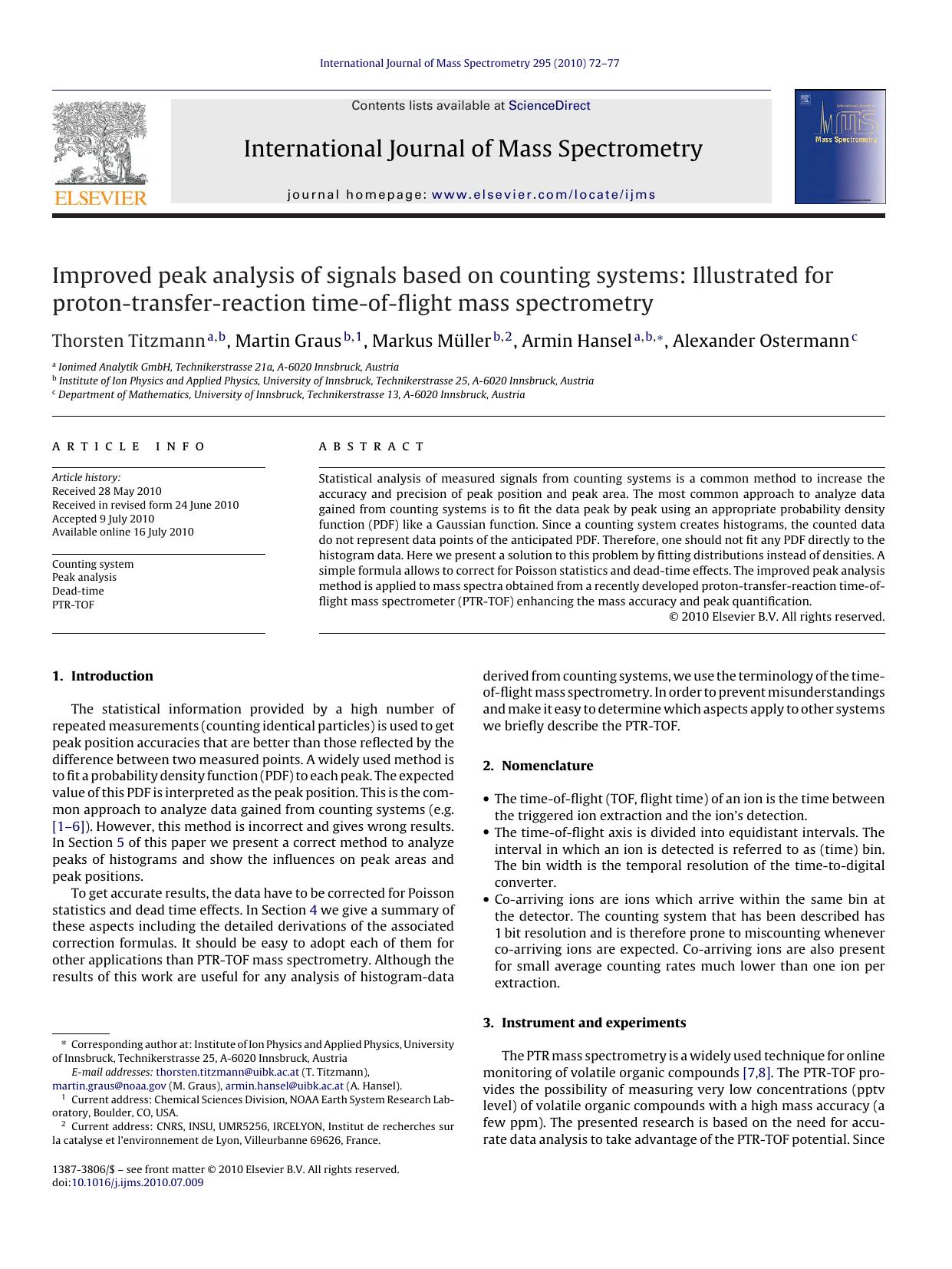 Improved peak analysis of signals based on counting systems: Illustrated for proton-transfer-reaction time-of-flight mass spectrometry by Thorsten Titzmann