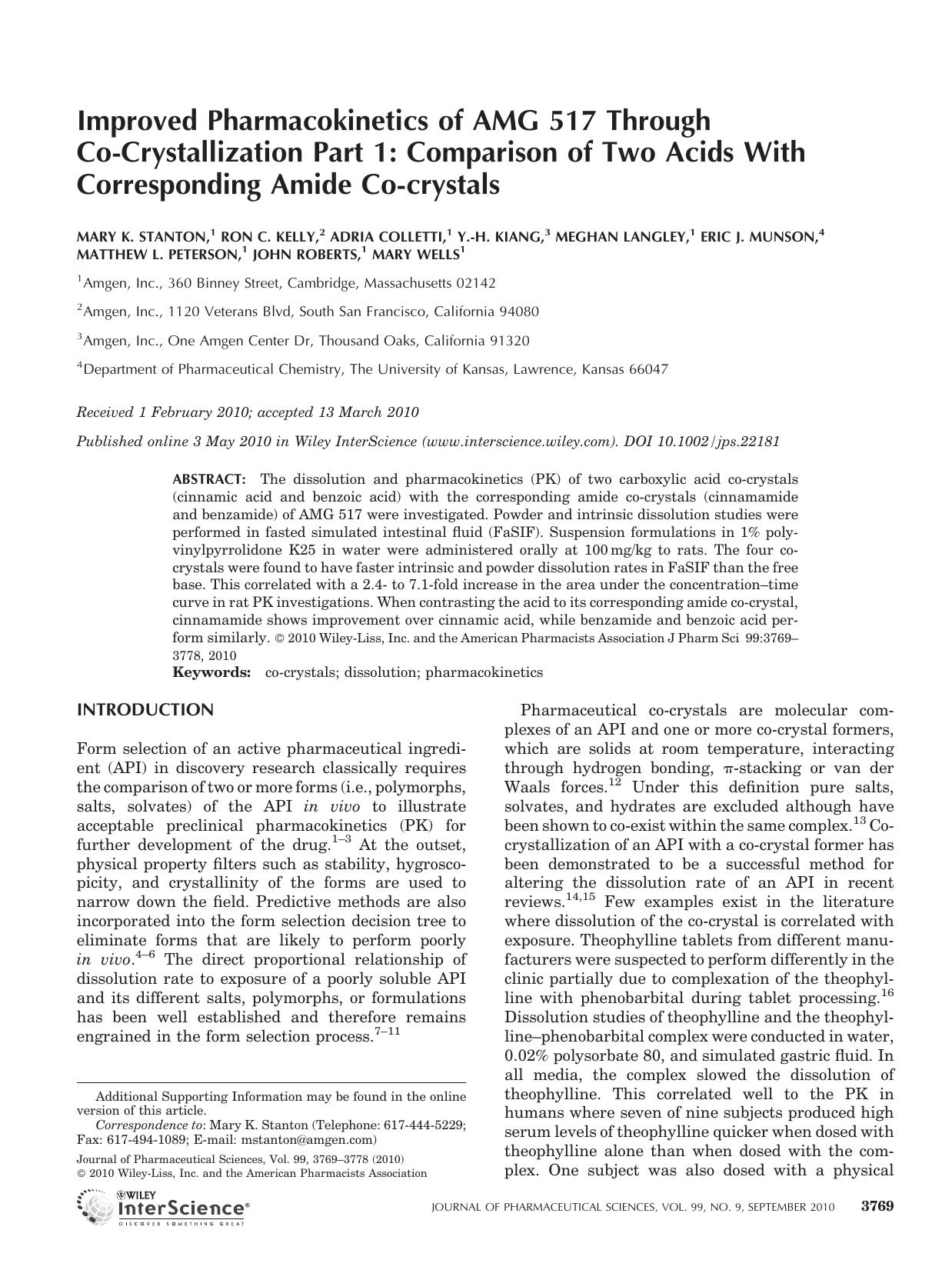 Improved pharmacokinetics of AMG 517 through co?crystallization part 1: Comparison of two acids with corresponding amide co?crystals by Unknown