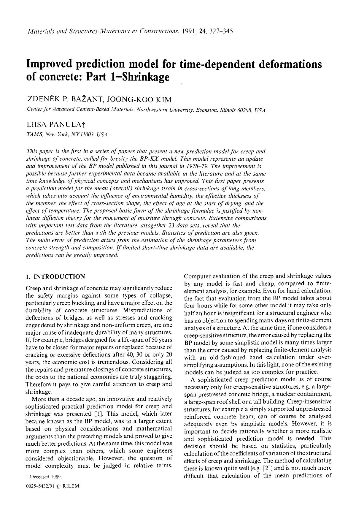 Improved prediction model for time-dependent deformations of concrete: Part 1-Shrinkage by Unknown