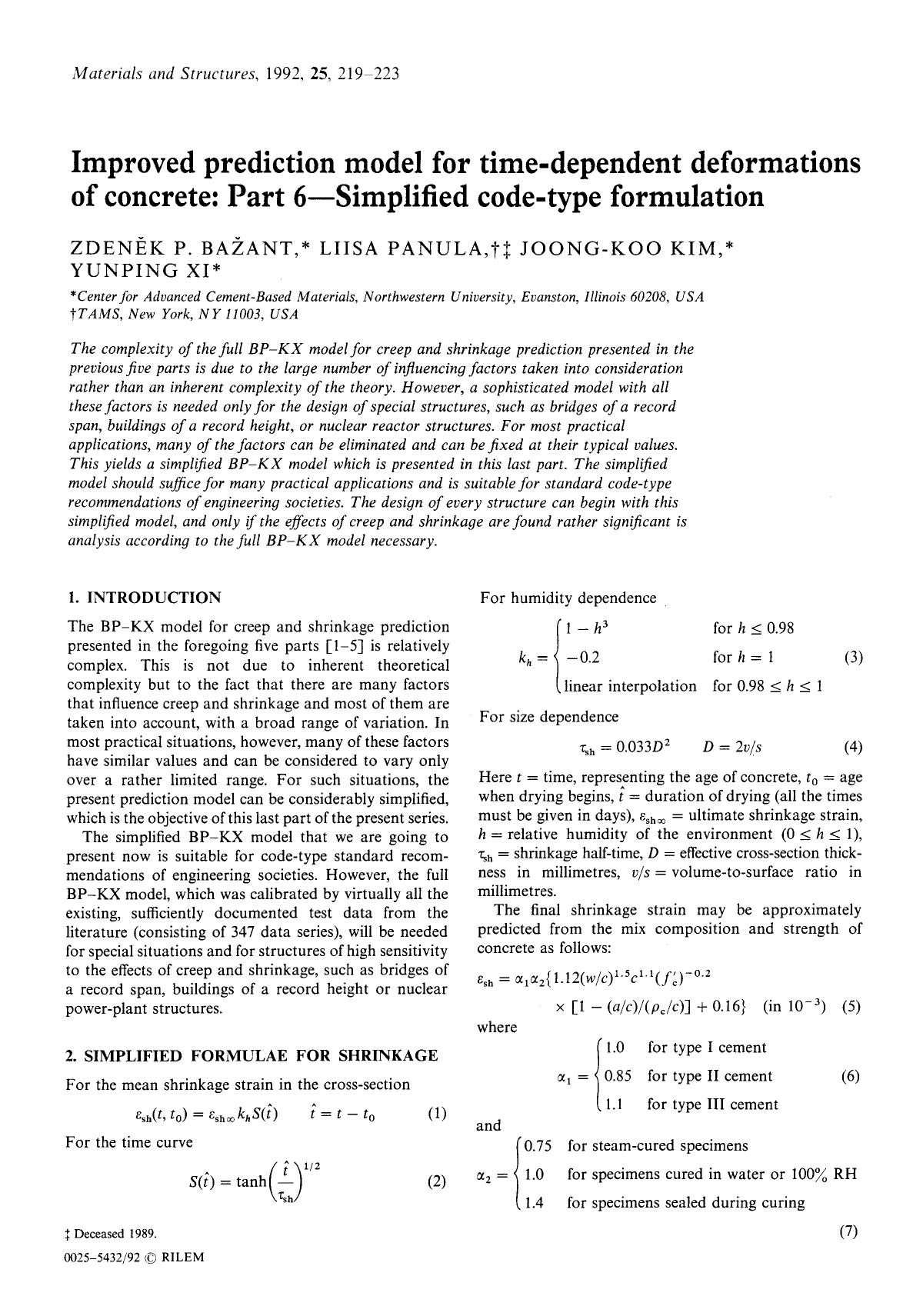 Improved prediction model for time-dependent deformations of concrete: Part 6—Simplified code-type formulation by Unknown