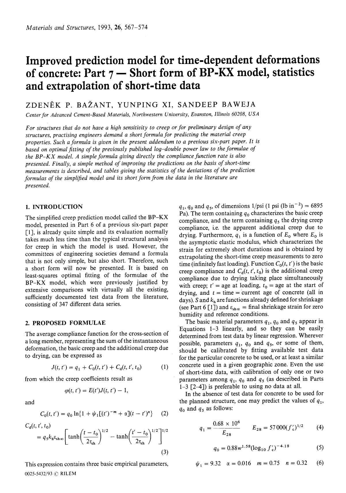 Improved prediction model for time-dependent deformations of concrete: Part 7—Short form of BP-KX model, statistics and extrapolation of short-time data by Unknown