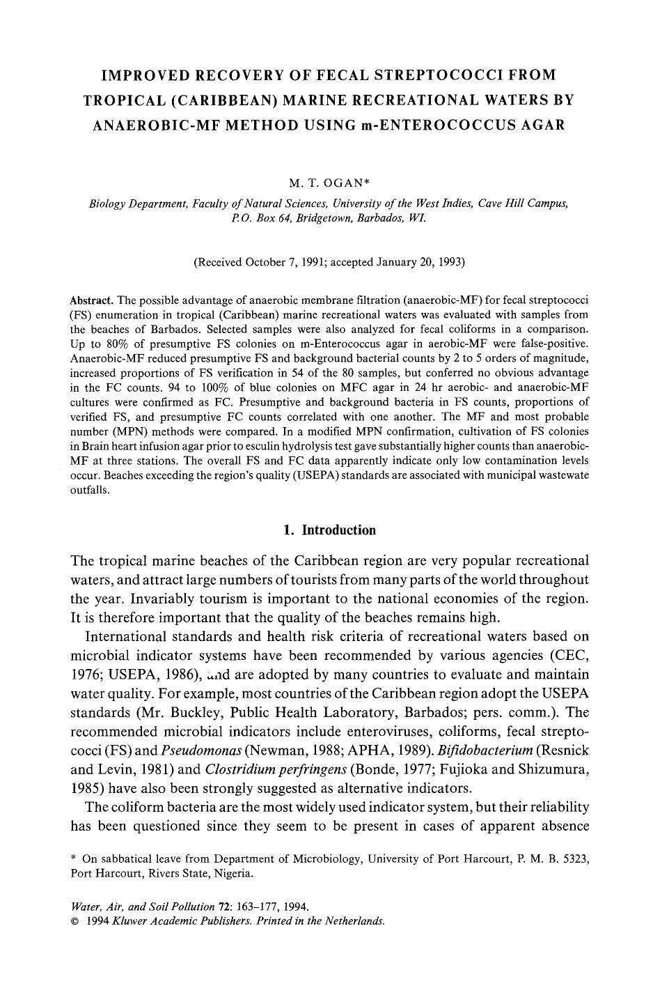 Improved recovery of fecal streptococci from tropical (Caribbean) marine recreational waters by anaerobic-MF method using m-Enterococcus agar by Unknown