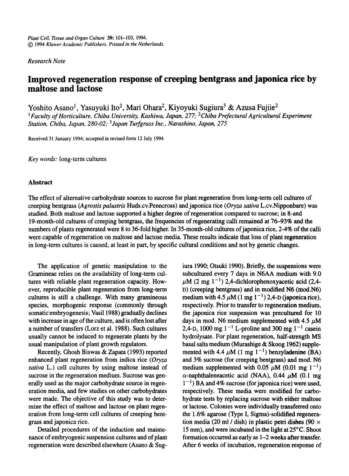 Improved regeneration response of creeping bentgrass and japonica rice by maltose and lactose by Unknown