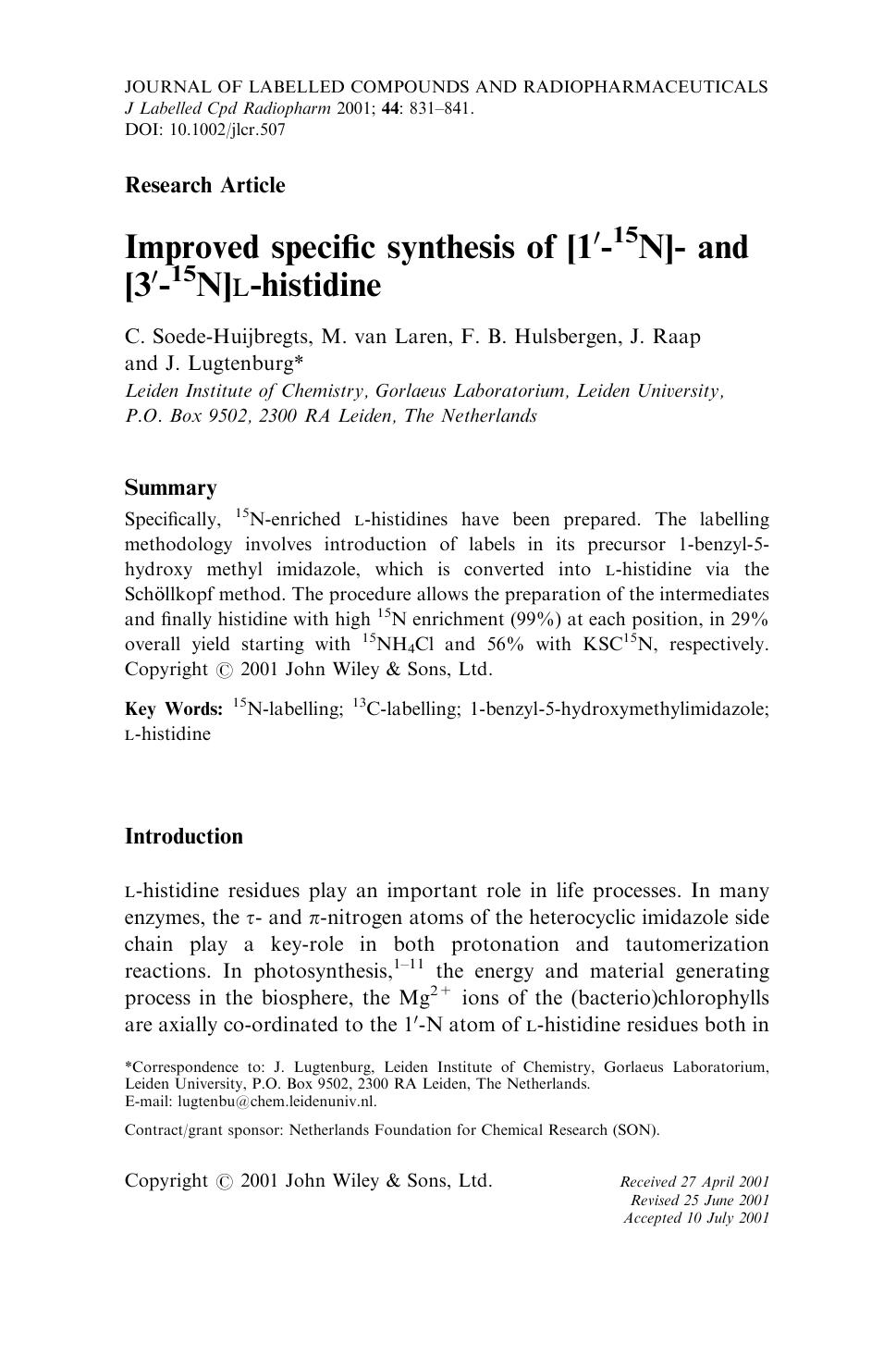 Improved specific Synthesis of [1[prime]-15N]- and [3[prime]-15N]L-histidine by Unknown