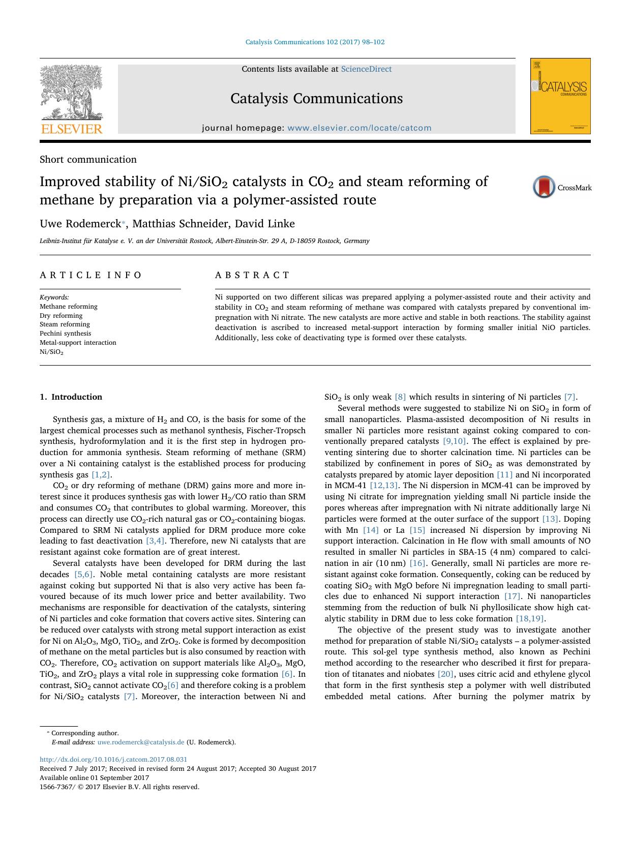 Improved stability of NiSiO2 catalysts in CO2 and steam reforming of methane by preparation via a polymer-assisted route by Uwe Rodemerck & Matthias Schneider & David Linke
