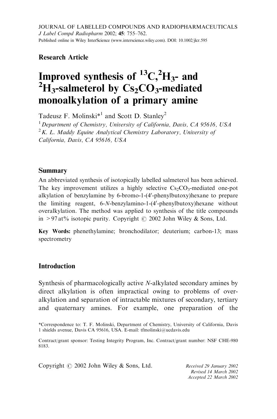 Improved synthesis of 13C,2H3- and 2H3-salmeterol by Cs2CO3-mediated monoalkylation of a primary amine by Unknown