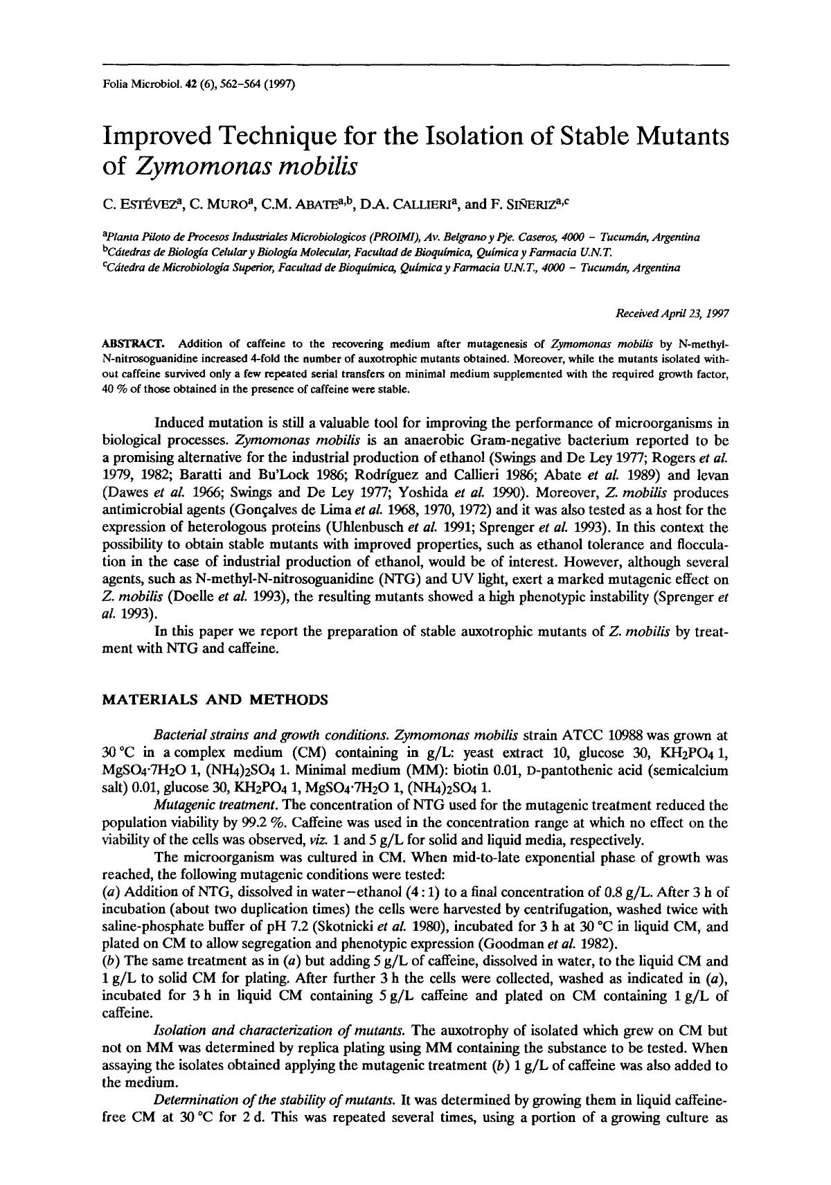 Improved technique for the isolation of stable mutants of <Emphasis Type="Italic">Zymomonas mobilis <Emphasis> by Unknown