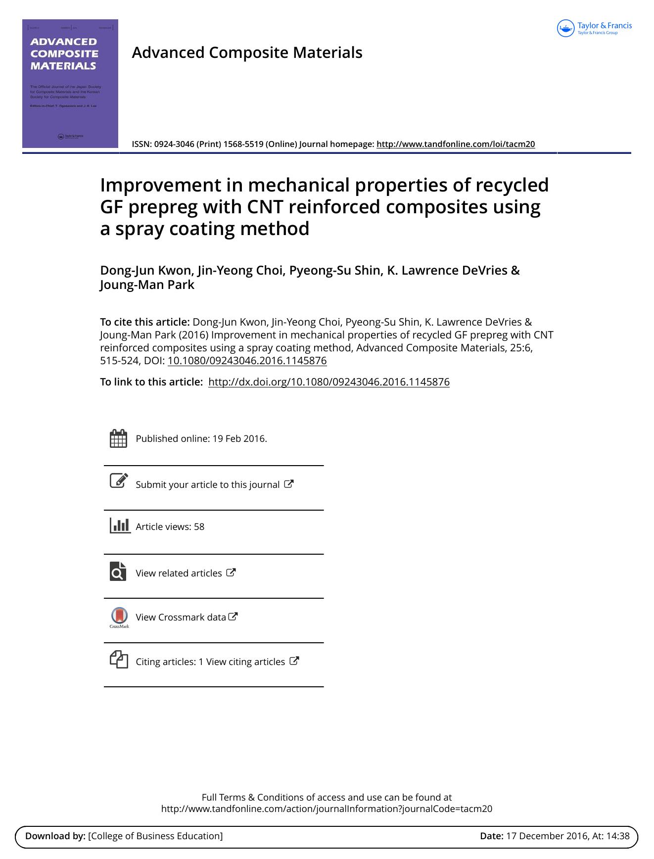 Improvement in mechanical properties of recycled GF prepreg with CNT reinforced composites using a spray coating method by Dong-Jun Kwon & Jin-Yeong Choi & Pyeong-Su Shin & K. Lawrence DeVries & Joung-Man Park