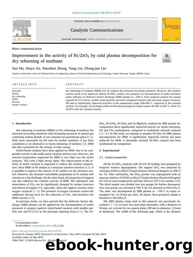 Improvement in the activity of NiZrO2 by cold plasma decomposition for dry reforming of methane by Xue Hu & Xinyu Jia & Xiaoshan Zhang & Yang Liu & Chang-jun Liu