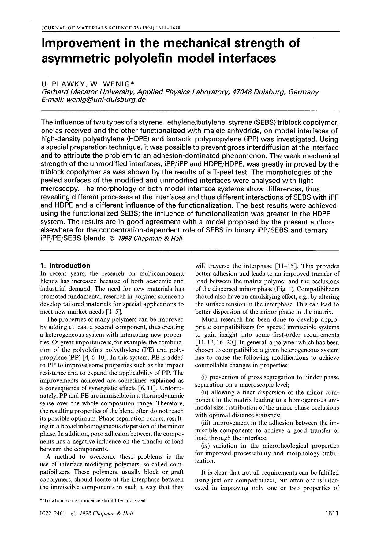 Improvement in the mechanical strength of asymmetric polyolefin model interfaces by Unknown