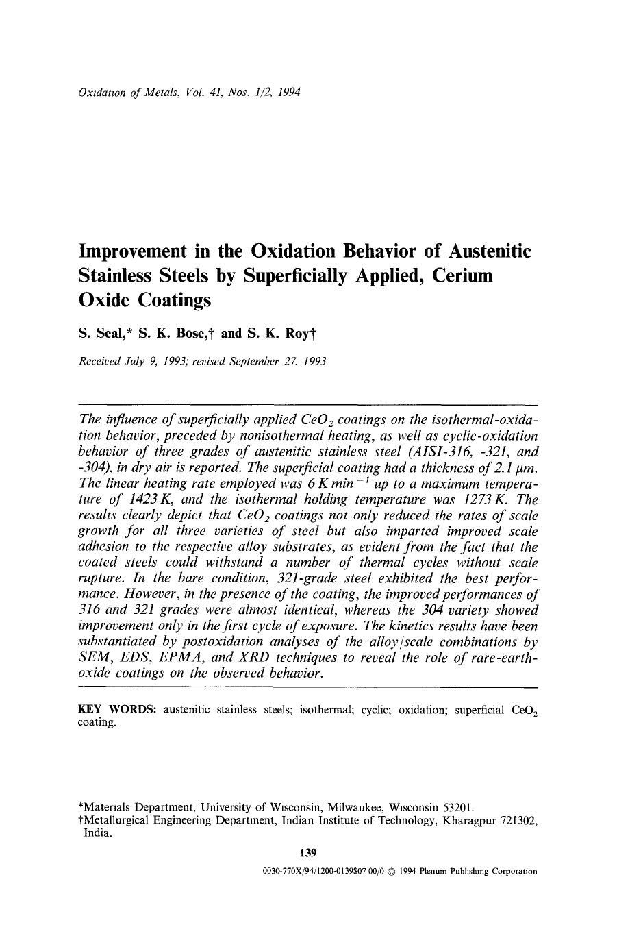 Improvement in the oxidation behavior of austenitic stainless steels by superficially applied, cerium oxide coatings by Unknown