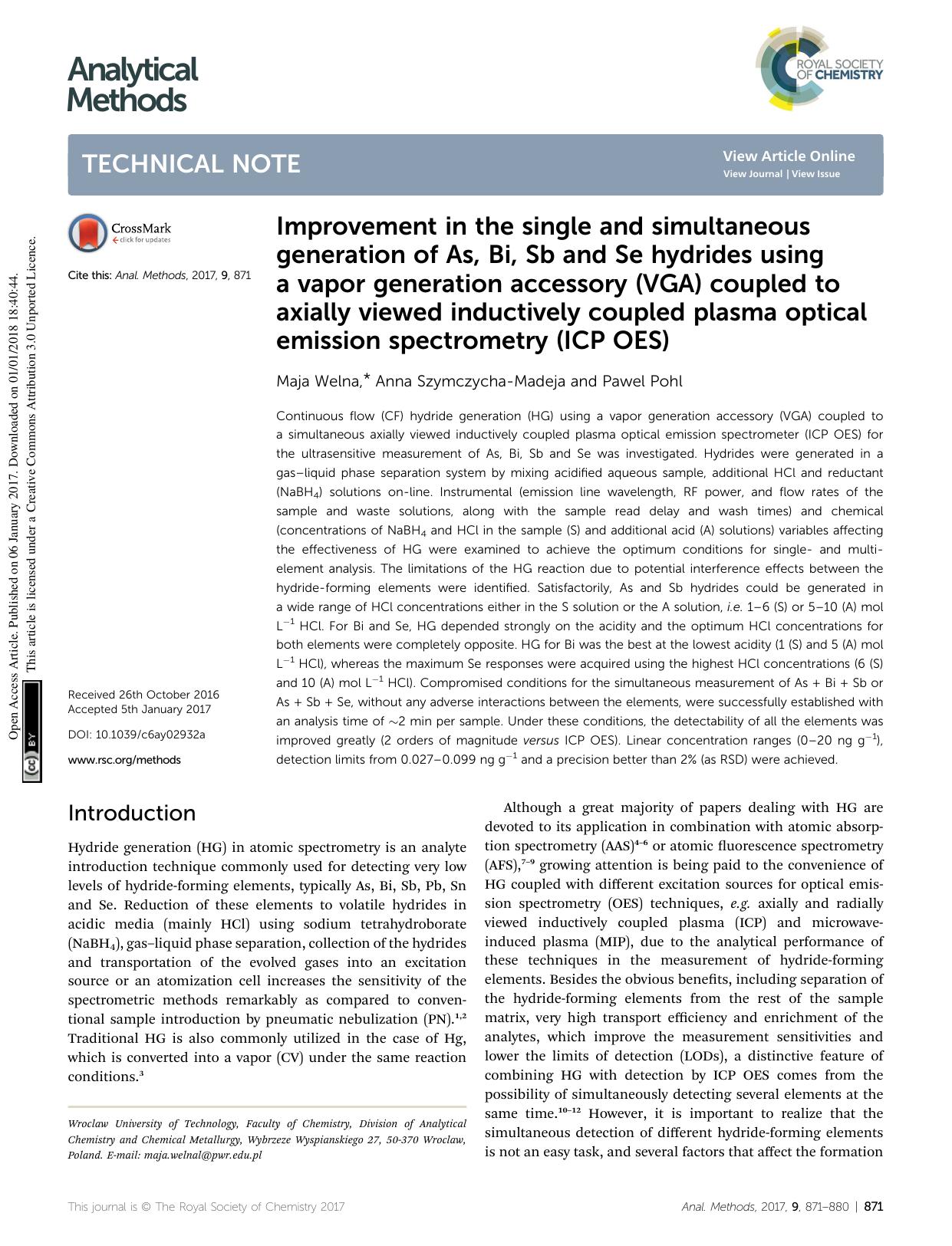 Improvement in the single and simultaneous generation of As, Bi, Sb and Se hydrides using a vapor generation accessory (VGA) coupled to axially viewed inductively coupled plasma op by Maja Welna & Anna Szymczycha-Madeja & Pawel Pohl