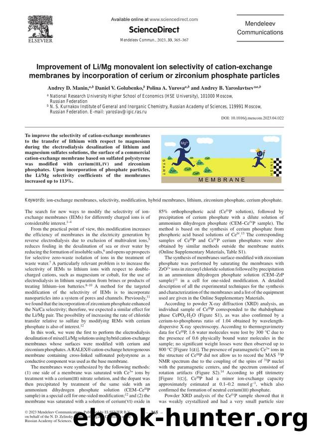 Improvement of LiMg monovalent ion selectivity of cation-exchange membranes by incorporation of cerium or zirconium phosphate particles by Andrey D. Manin & Daniel V. Golubenko & Polina A. Yurova & Andrey B. Yaroslavtsev