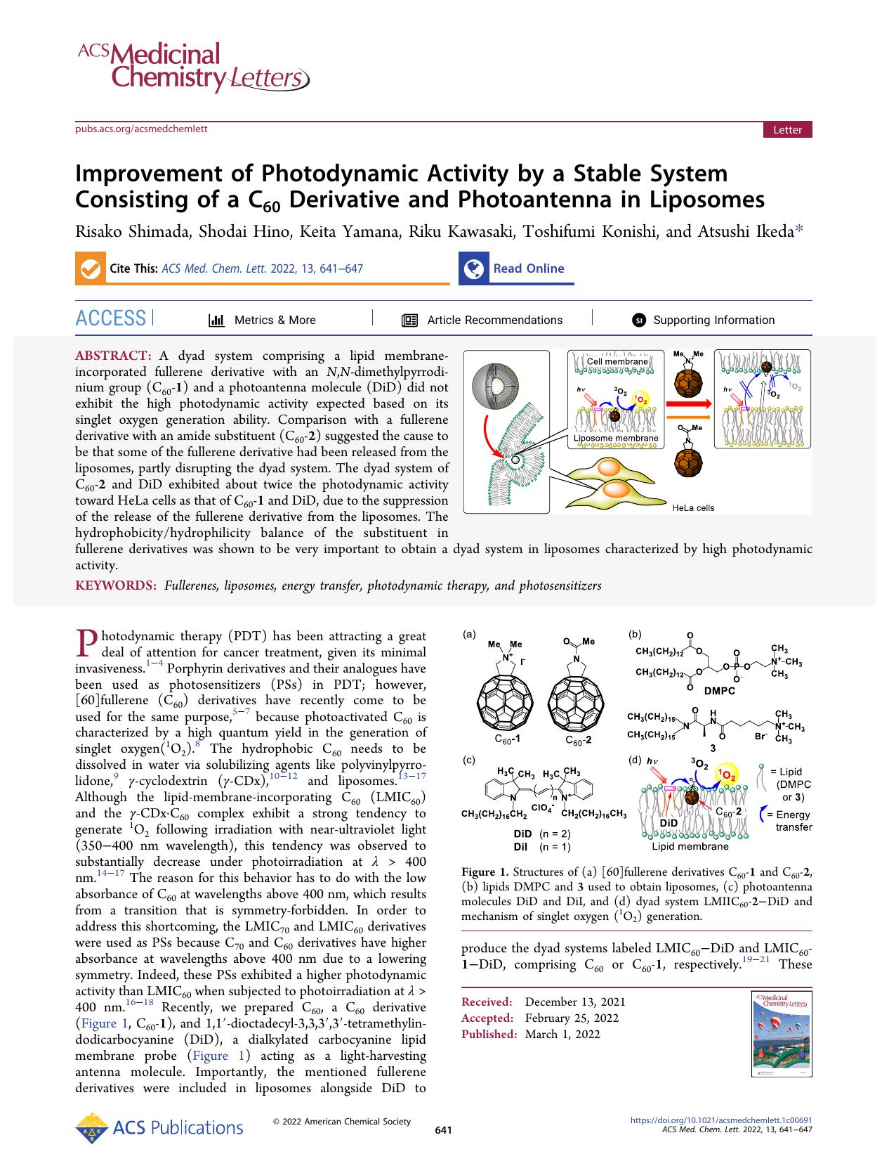 Improvement of Photodynamic Activity by a Stable System Consisting of a C60 Derivative and Photoantenna in Liposomes by Risako Shimada Shodai Hino Keita Yamana Riku Kawasaki Toshifumi Konishi and Atsushi Ikeda