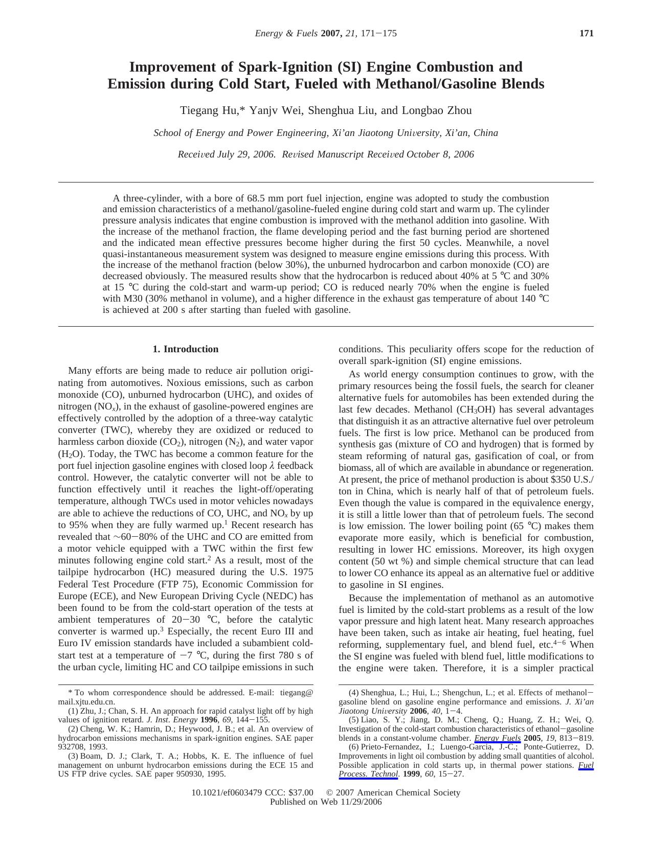 Improvement of Spark-Ignition (SI) Engine Combustion and Emission during Cold Start, Fueled with MethanolGasoline Blends by Unknown