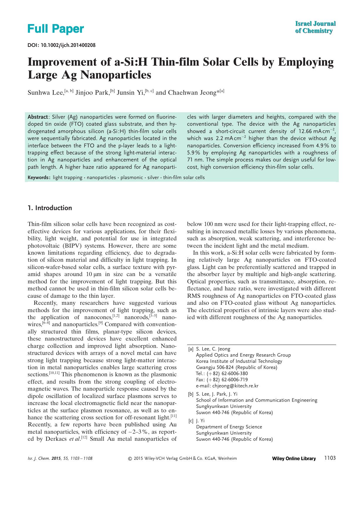 Improvement of aSi:H Thinfilm Solar Cells by Employing Large Ag Nanoparticles by Unknown