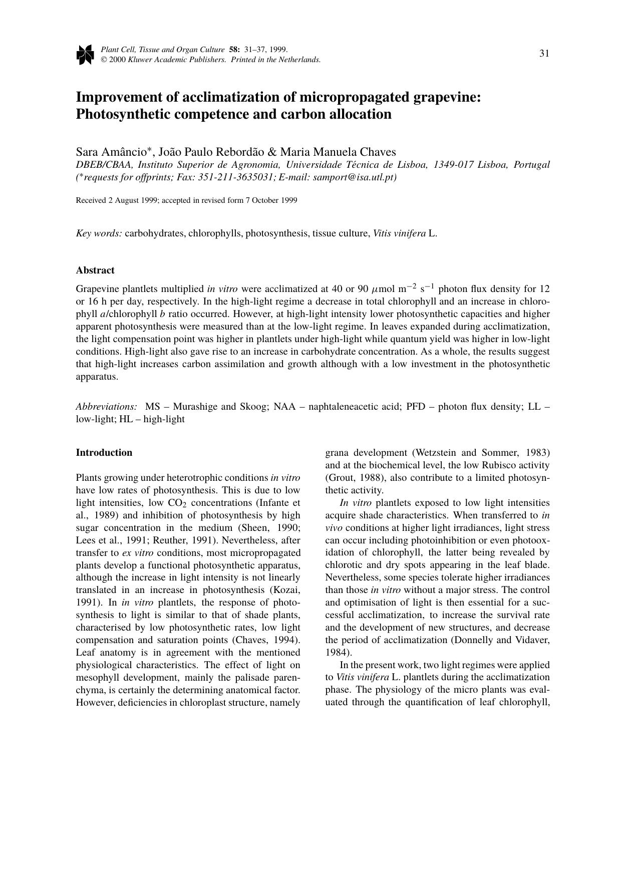Improvement of acclimatization of micropropagated grapevine: Photosynthetic competence and carbon allocation by Unknown
