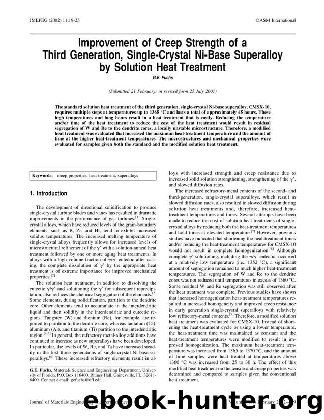 Improvement of creep strength of a third generation, single-crystal Ni-base superalloy by solution heat treatment by Unknown