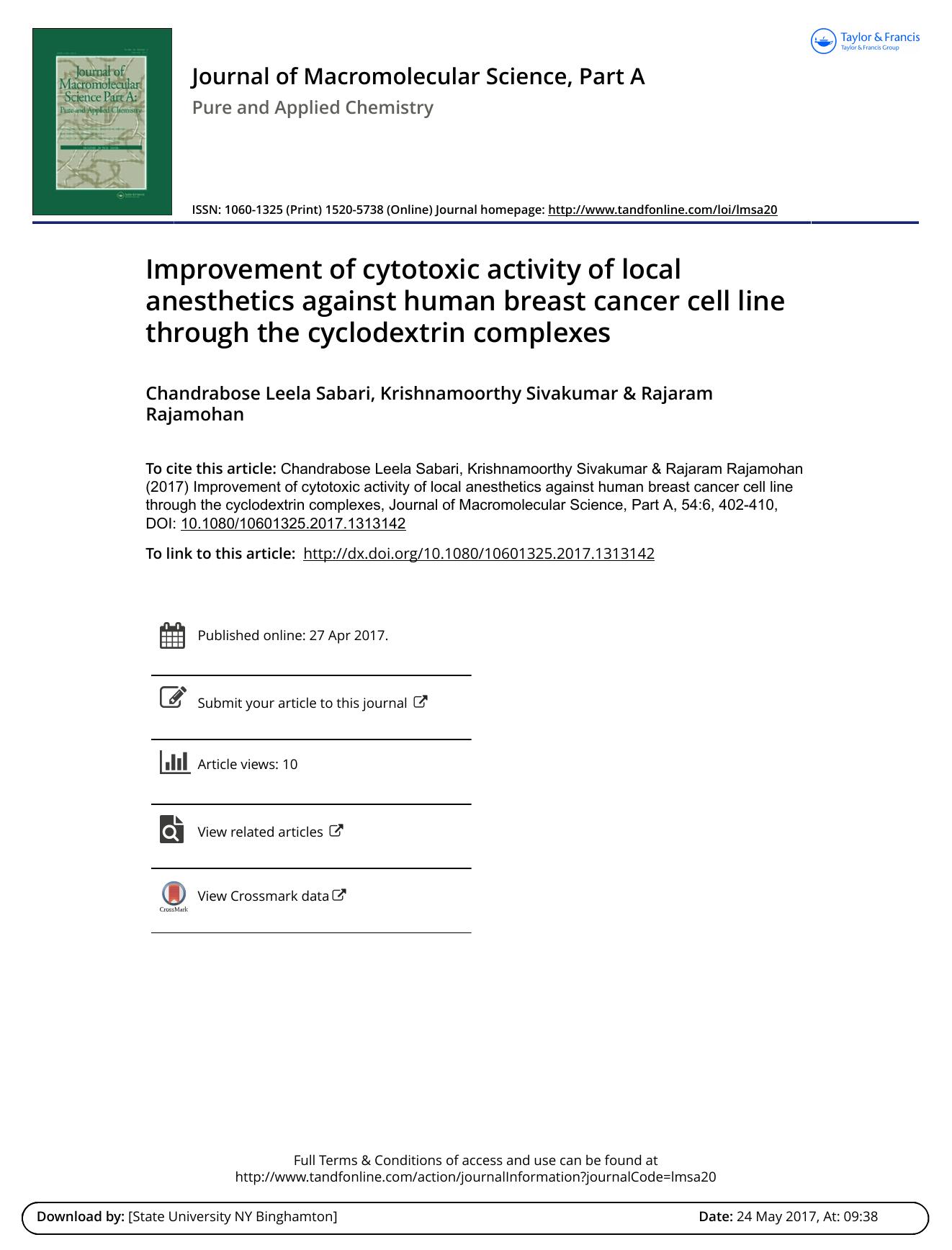 Improvement of cytotoxic activity of local anesthetics against human breast cancer cell line through the cyclodextrin complexes by Chandrabose Leela Sabari & Krishnamoorthy Sivakumar & Rajaram Rajamohan