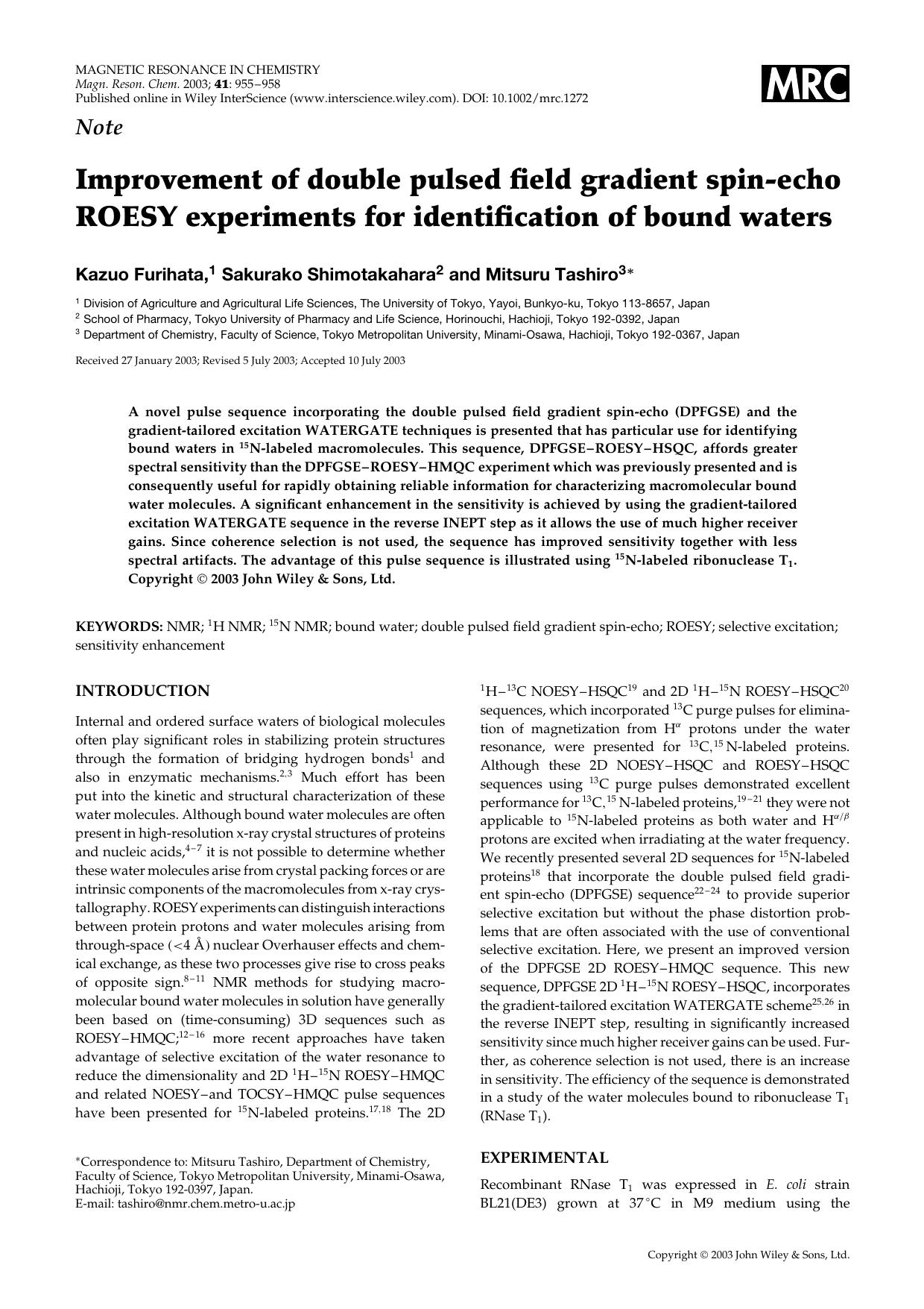 Improvement of double pulsed field gradient spin-echo ROESY experiments for identification of bound waters by Unknown