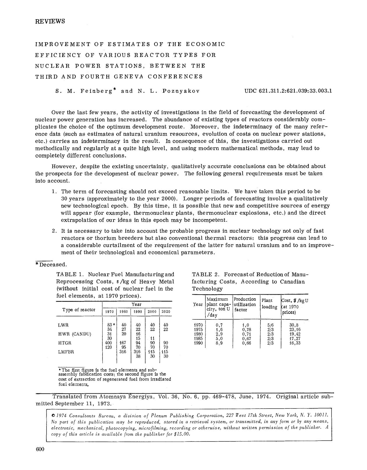 Improvement of estimates of the economic efficiency of various reactor types for nuclear power stations, between the third and fourth geneva conferences by Unknown