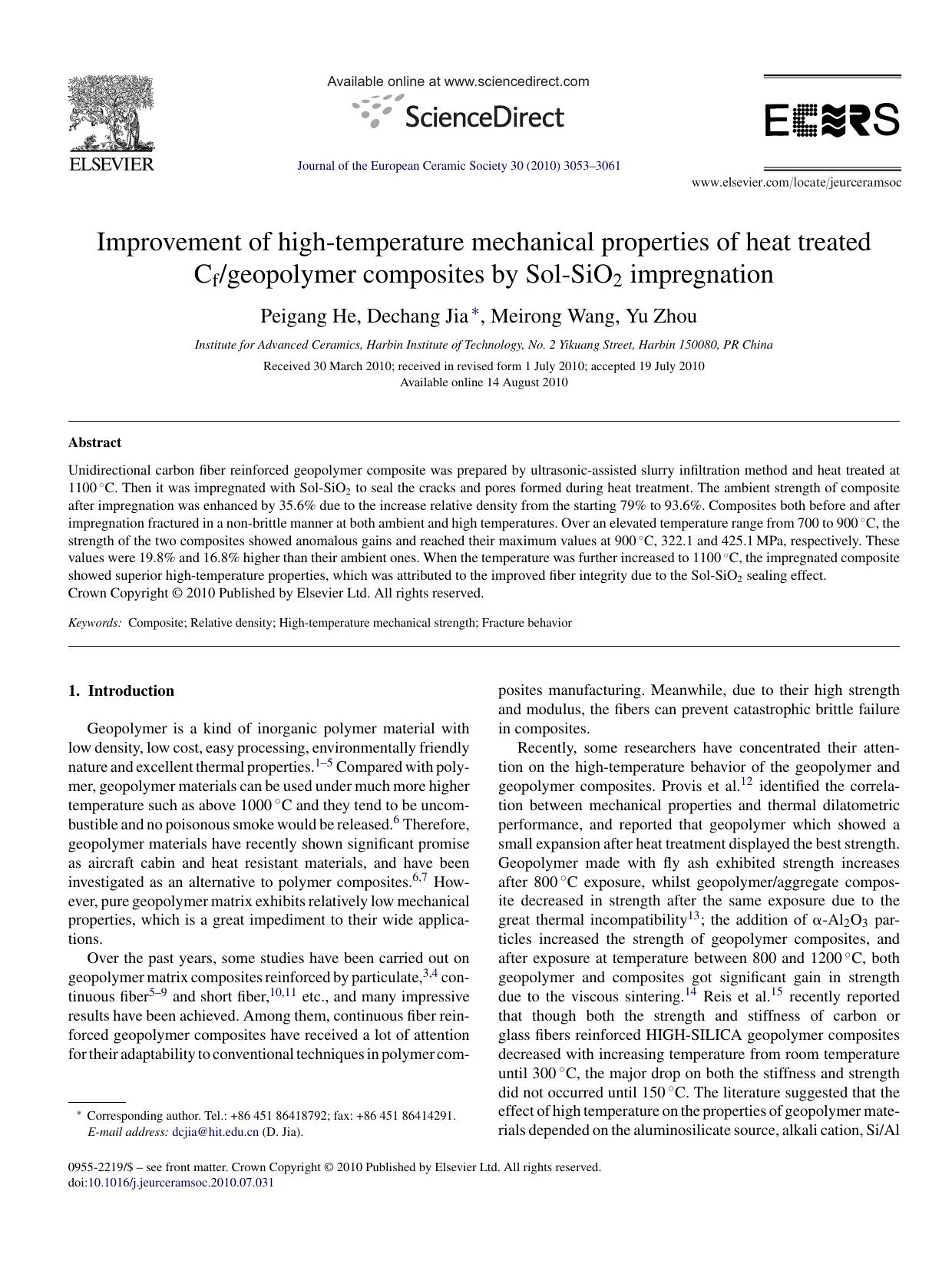 Improvement of high-temperature mechanical properties of heat treated Cfgeopolymer composites by Sol-SiO2 impregnation by Peigang He