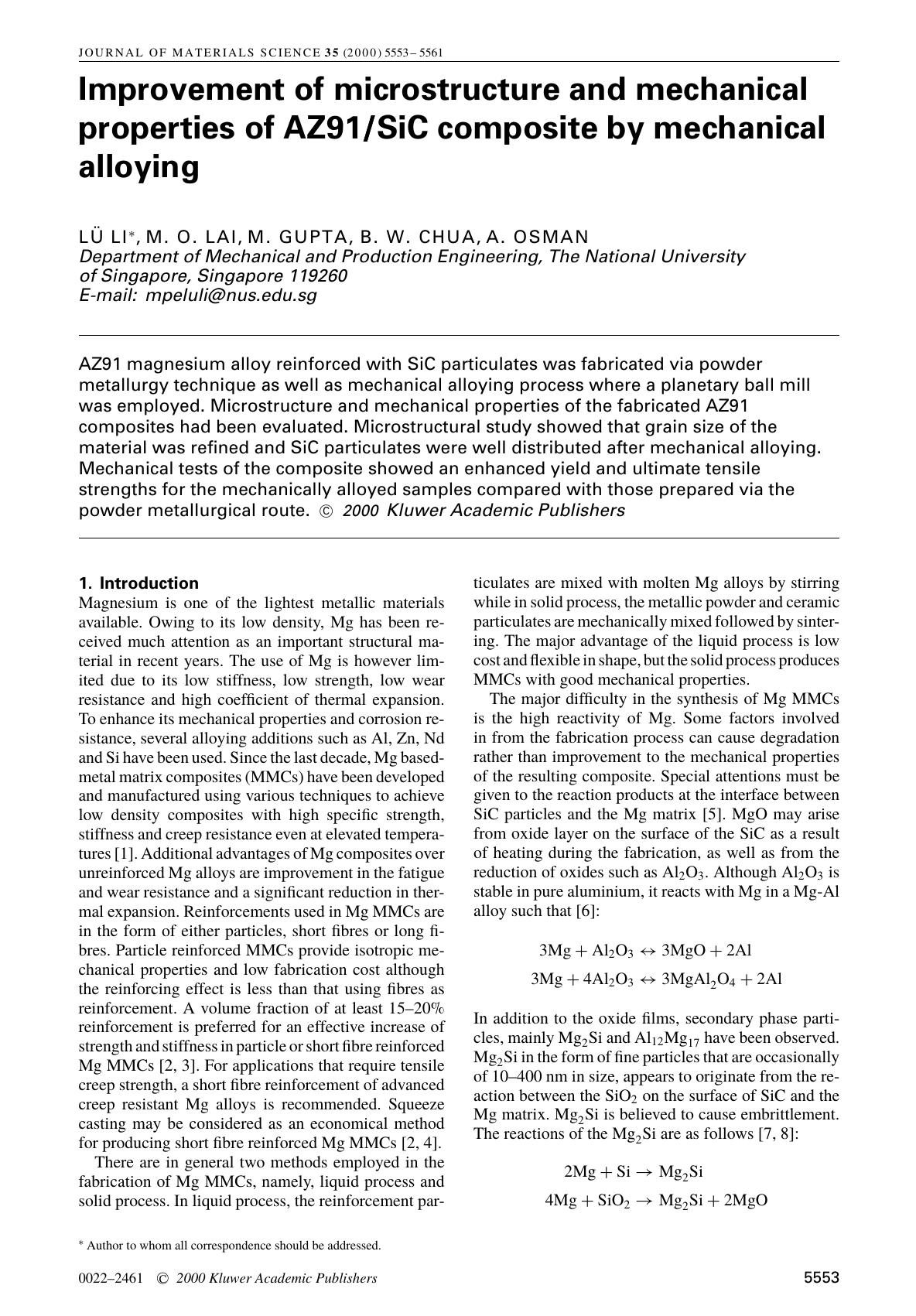 Improvement of microstructure and mechanical properties of AZ91SiC composite by mechanical alloying by Unknown