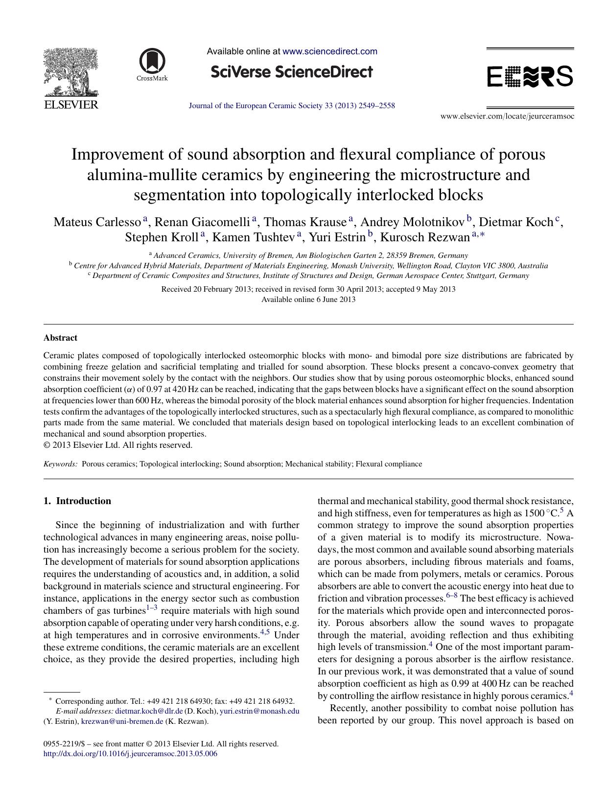 Improvement of sound absorption and flexural compliance of porous alumina-mullite ceramics by engineering the microstructure and segmentation into topologically interlocked blocks by Mateus Carlesso